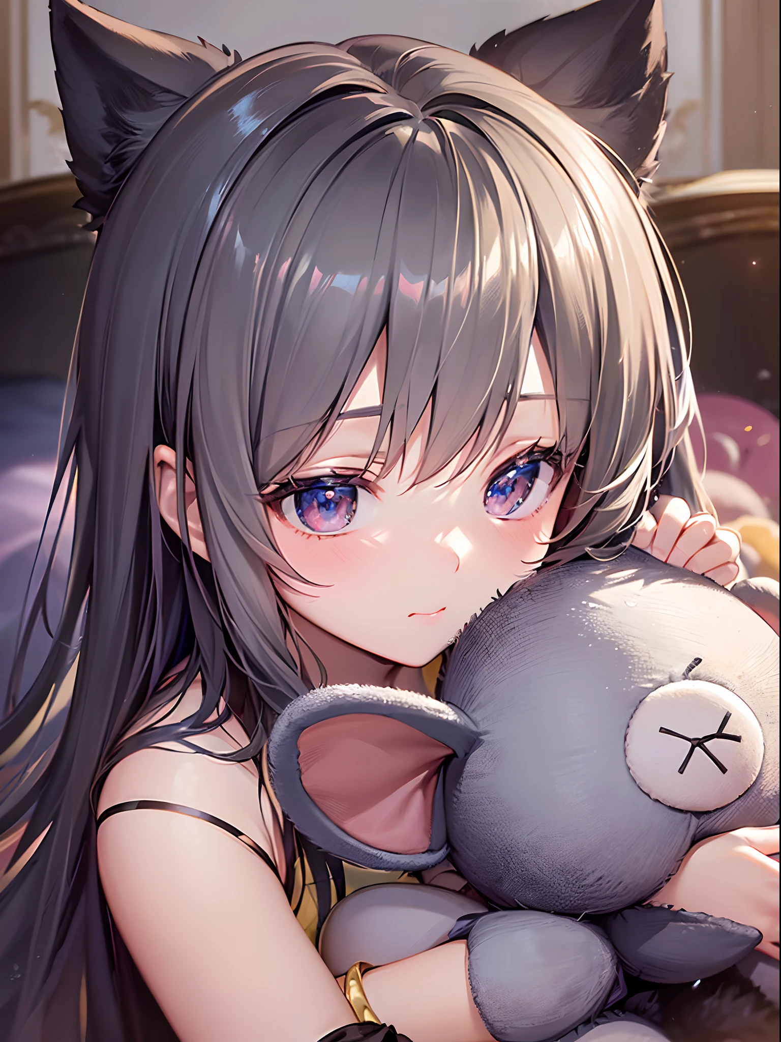 (Finest quality)),(超A high resolution),(ultra-detailliert),(Meticulous portrayal),((best pictures)),(Finest works of art),Ultra-Precision Art,The art of astounding depiction, (( girl hugging stuffed animal:1.5)),Peaceful sleeping face:1.5,plushies