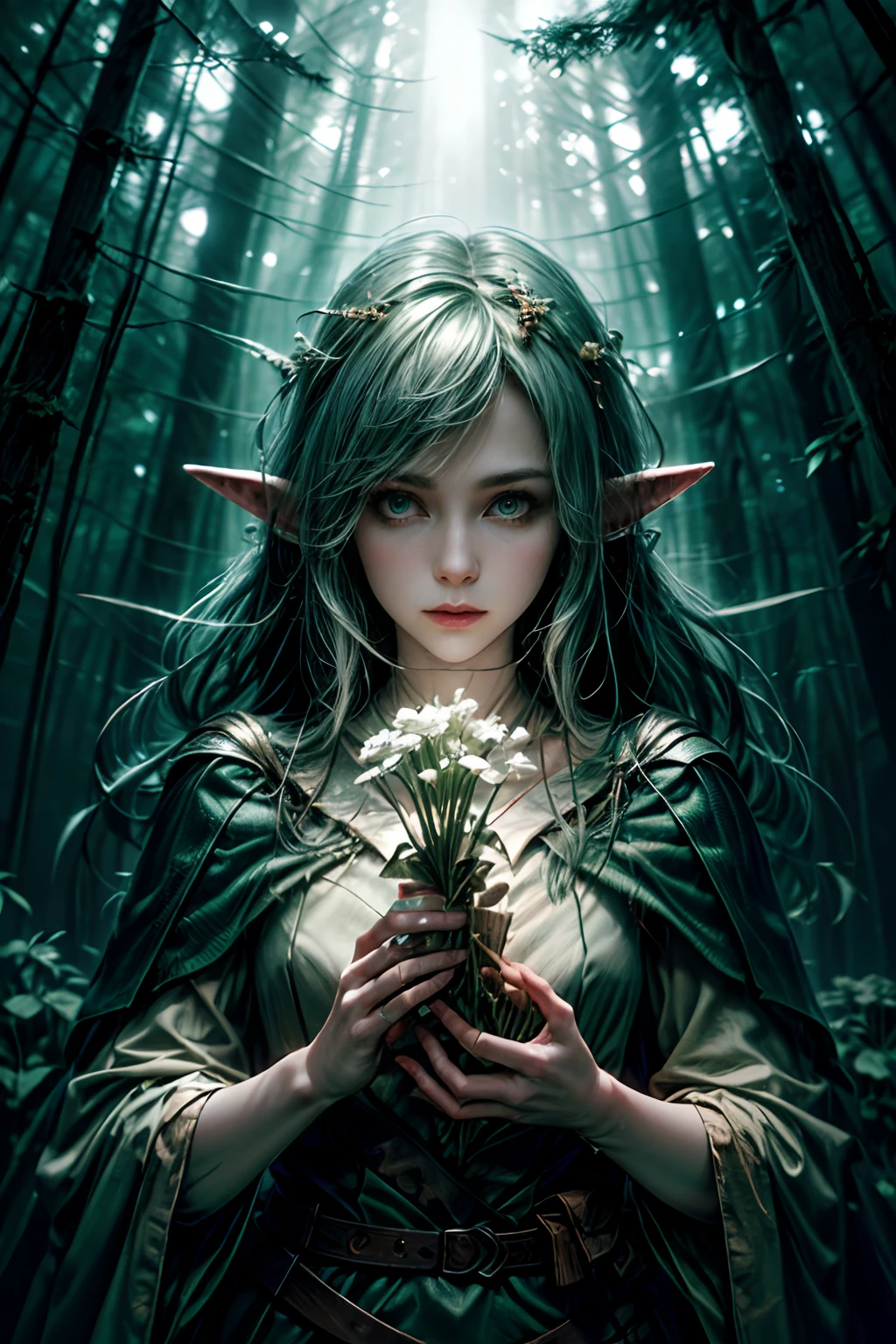 (((A wood elf hovers over the forest, tearing flowers in the forest ))) green hair, petite body, Radial glow, white fern flowers, optical, Panoramic illumination, atmospheric perspective, dawning, Smoothing: 5d, Light painting, Color, beatiful face, Clear facial features, symmetrical transparent wings, Stunning details