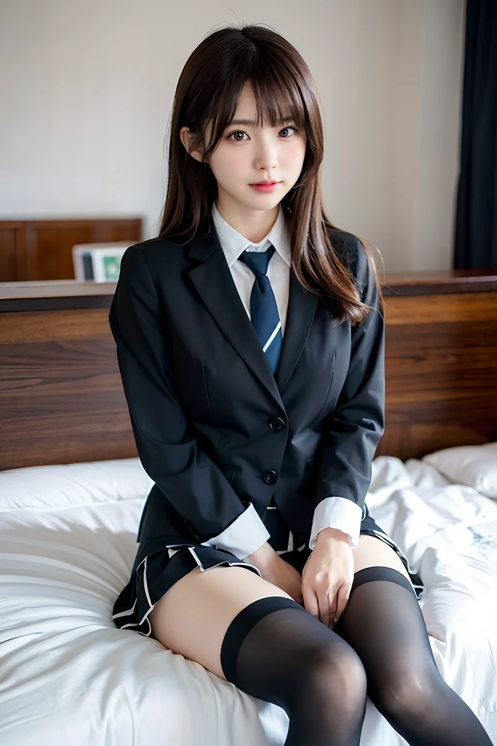 (​masterpiece:1.3), (8K, Photorealsitic, Raw photography, Top image quality: 1.4), Classy elite girl sitting on a park bench, Phenomenally cute face、wearing japanese school uniform, Wear ultra-realistic pantyhose、japanese girl school uniform, Japan school uniform, wearing headmistress uniform, Young Pretty Gravure Idol, photograph taken in 2 0 2 0, dressed as schoolgirl, Wearing school uniform, Wearing a strict business suit, Young skinny gravure idol, Seifuku、Full-length and black stockings, pantyhose tights, Complete legs, 19-year-old girl, 1 8 I, large full breasts。Posing in the bedroom, nylon tights, Leg and thigh shots, Posing in bed, wearing in stocking