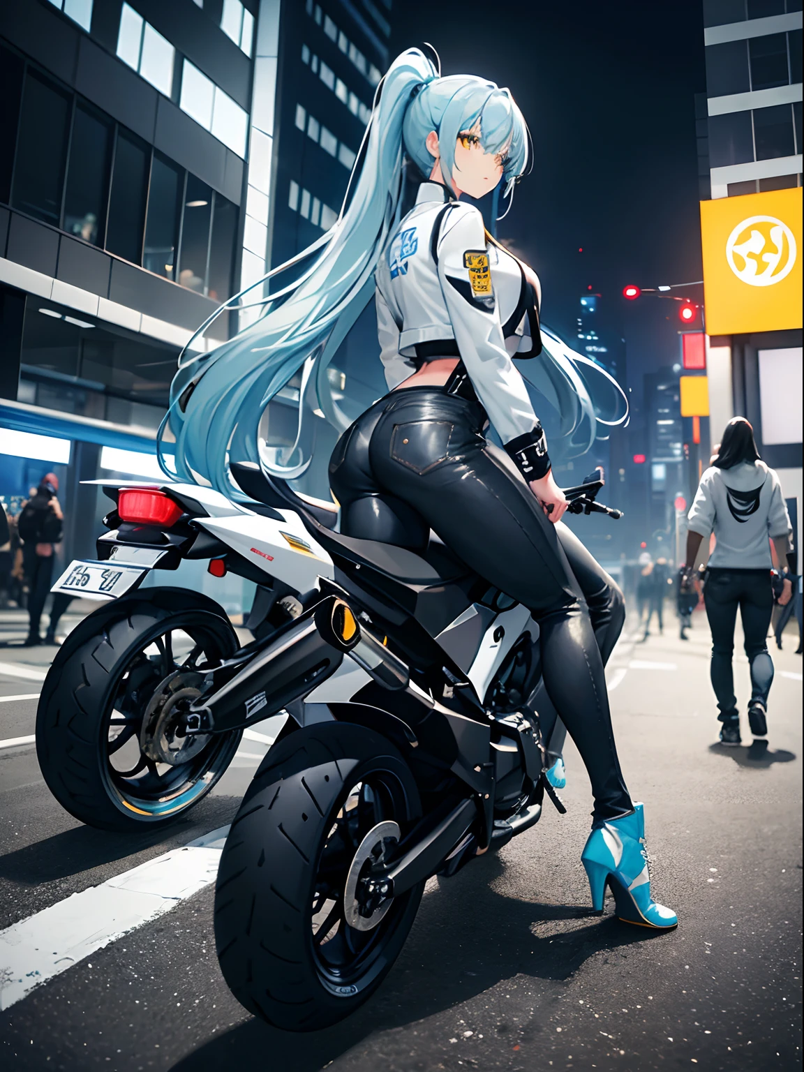 Long Hair, Ponytail, Light Blue Hair, Yellow Eyes, Big Boobs, Bikers White Shirt, Bikers Black Jacket, Tight Black Jeans, Racing Motorcycle, Nighttime, People In The Background With Helmet And Motocycle