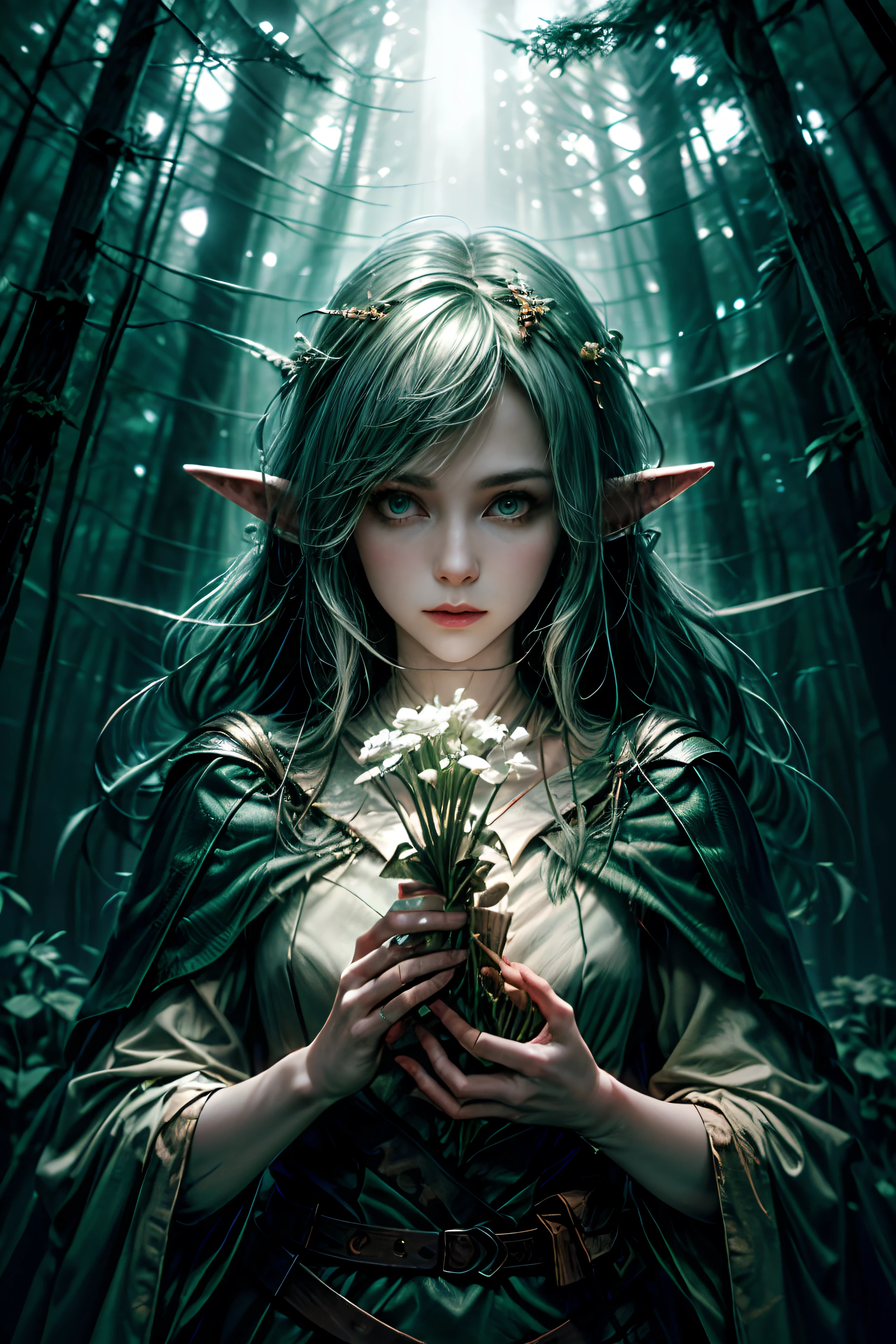 (((A wood elf hovers over the forest, tearing flowers in the forest ))) green hair, petite body, Radial glow, white fern flowers, optical, Panoramic illumination, atmospheric perspective, dawning, Smoothing: 5d, Light painting, Color, beatiful face, Clear facial features, symmetrical transparent wings, Stunning details