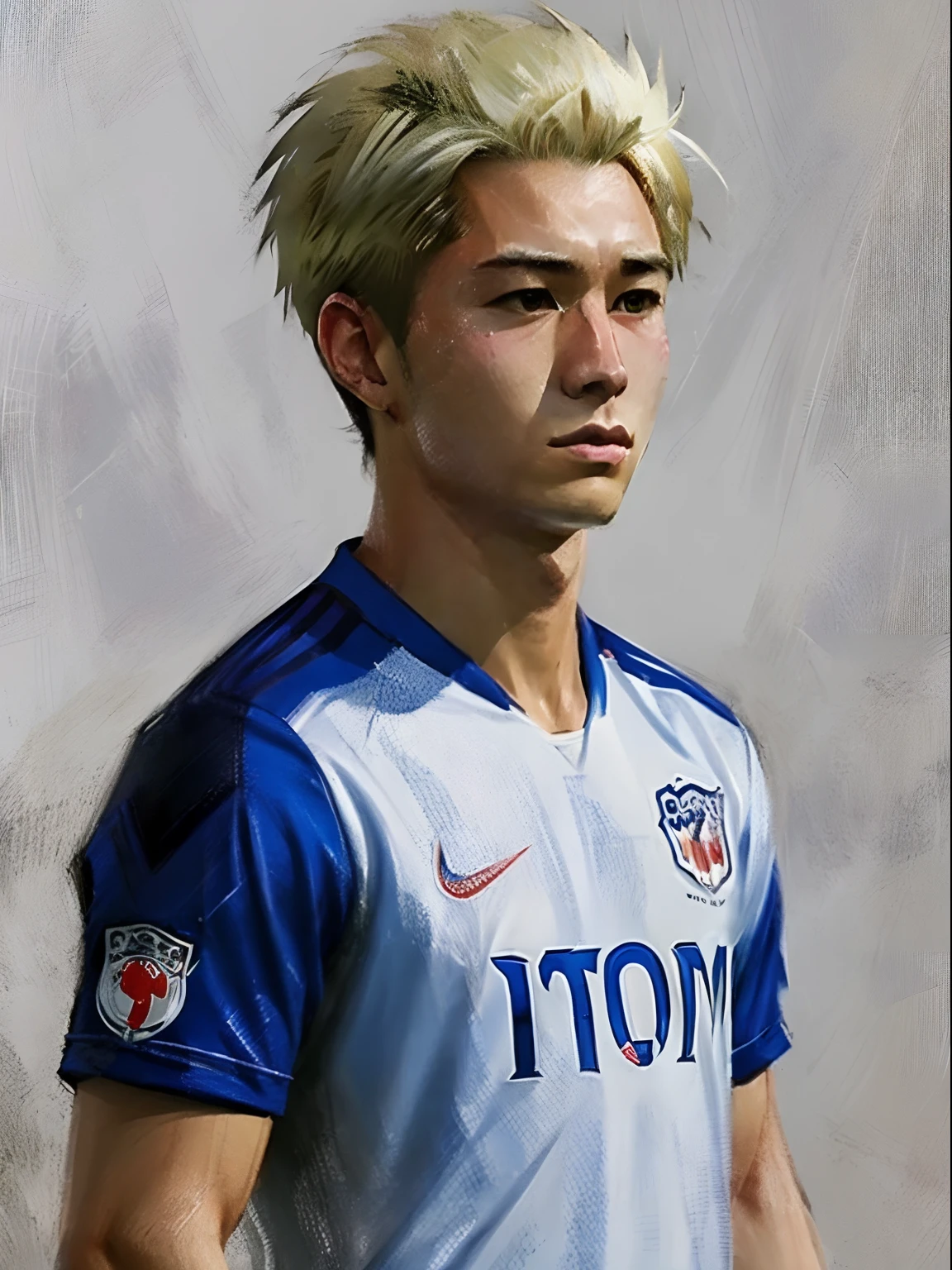 Homem Soccer Player face, Estilo Greg Rutkowski realista, estilo anime, Japanese Platinum Hair 