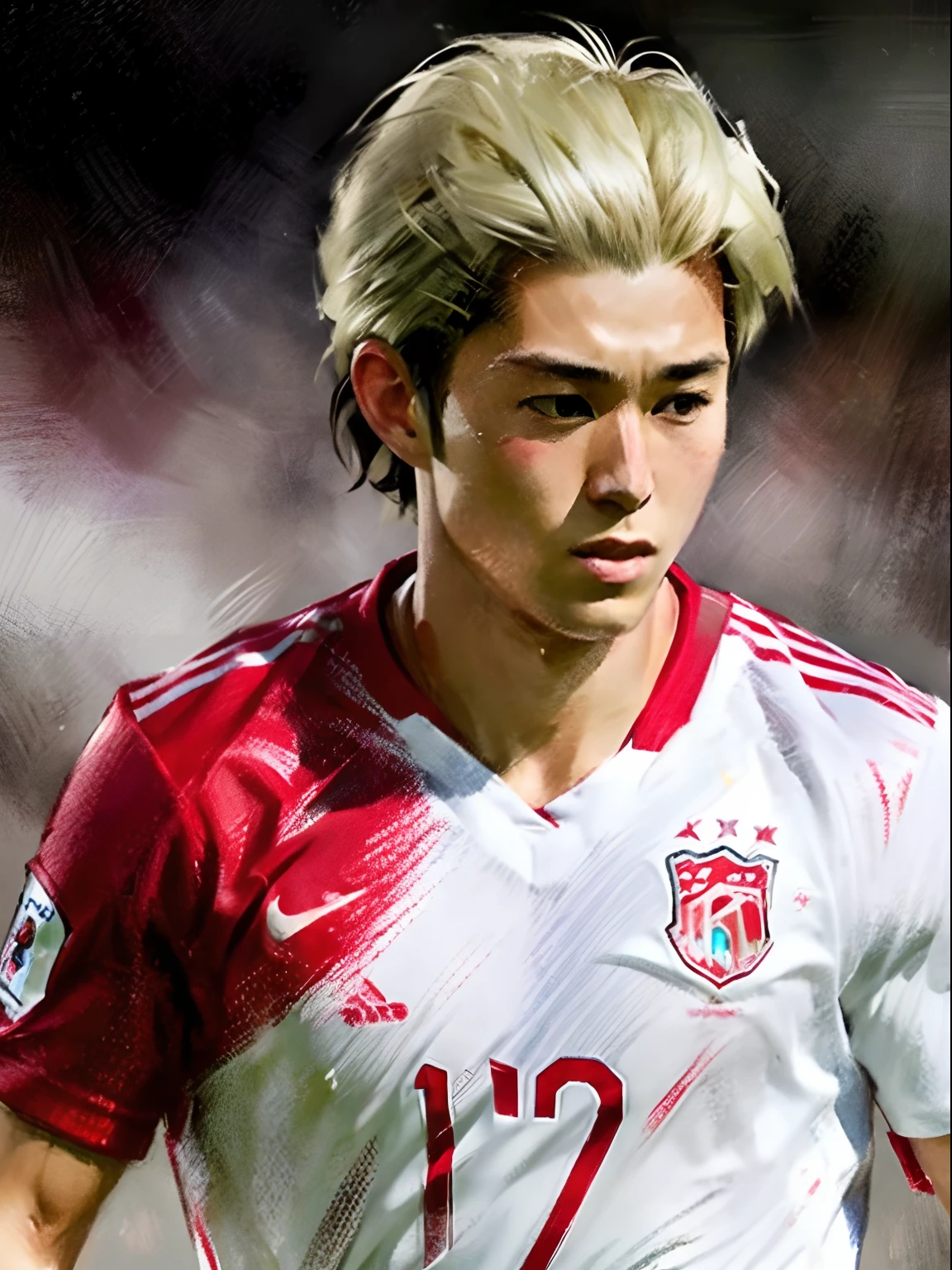 Homem Soccer Player face, Estilo Greg Rutkowski realista, estilo anime, Japanese Platinum Hair