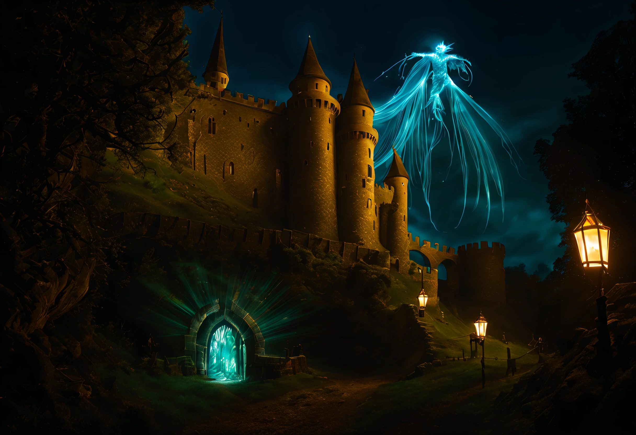 (A magical academy located in a 10th century castle: 1.3). (Magical creatures protect the environment: 1.2),(A magical academy located in a 10th century castle: 1.3). (Magical creatures protect the environment: 1.2). There are students dressed as wizards casting spells outside, a large wall protecting them from the gaze of unwanted spectators. (Image inspired by the Harry Potter series: 1.3), magical rays are seen everywhere, illuminated by a bioluminescent light, highly detailed, Tolkien style