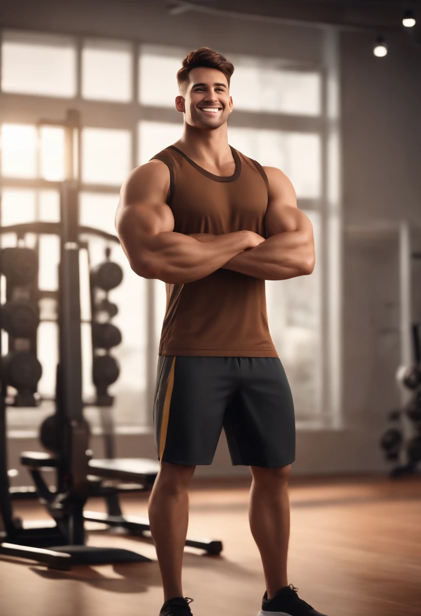 Disney Pixar 3d style animation poster of a personal trainer man 26 years old, big smile, Quirky Crew Haircut To Slay using a black tank top. Brown eyes and Skin is white and proud. he is in the gym wearing a silver necklace , (Estilo Pixar) (master part:1.2) (Bokeh) (best quality) (pele detalhada) (textura detalhada) (8k) (argila) (Cinematic lighting) (foco nítido