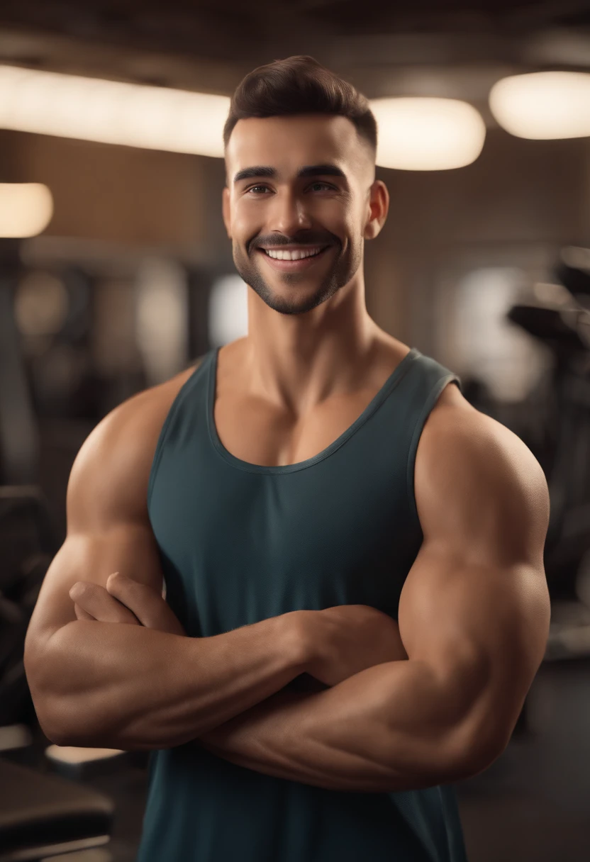 Disney Pixar 3d style animation poster of a personal trainer man 26 years old, big smile, Quirky Crew Haircut To Slay using a black tank top. Brown eyes and Skin is white and proud. he is in the gym wearing a silver necklace , (Estilo Pixar) (master part:1.2) (Bokeh) (best quality) (pele detalhada) (textura detalhada) (8k) (argila) (Cinematic lighting) (foco nítido