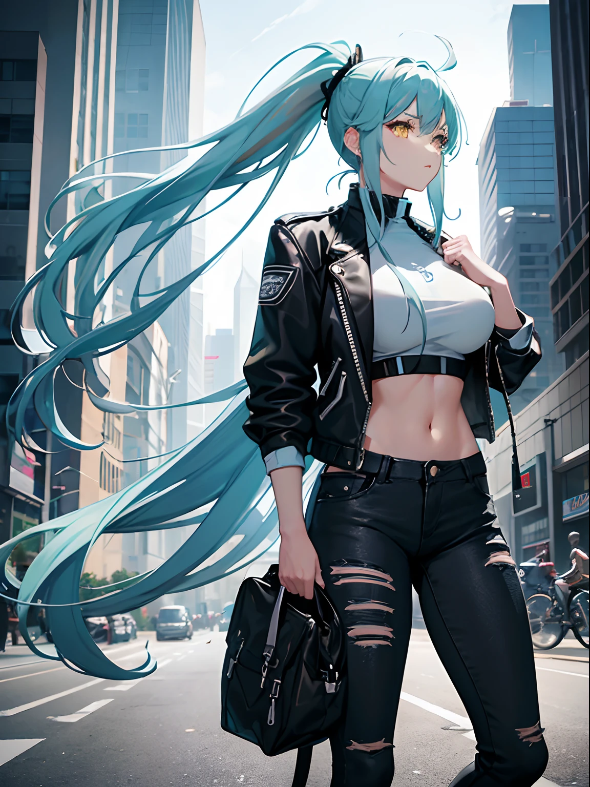 Long Hair, Ponytail, Light Blue Hair, Yellow Eyes, Big Boobs, Bikers White Shirt, Bikers Black Jacket, Tight Black Jeans, Racing Motorcycle, Nighttime, People In The Background, Wearing Helmet