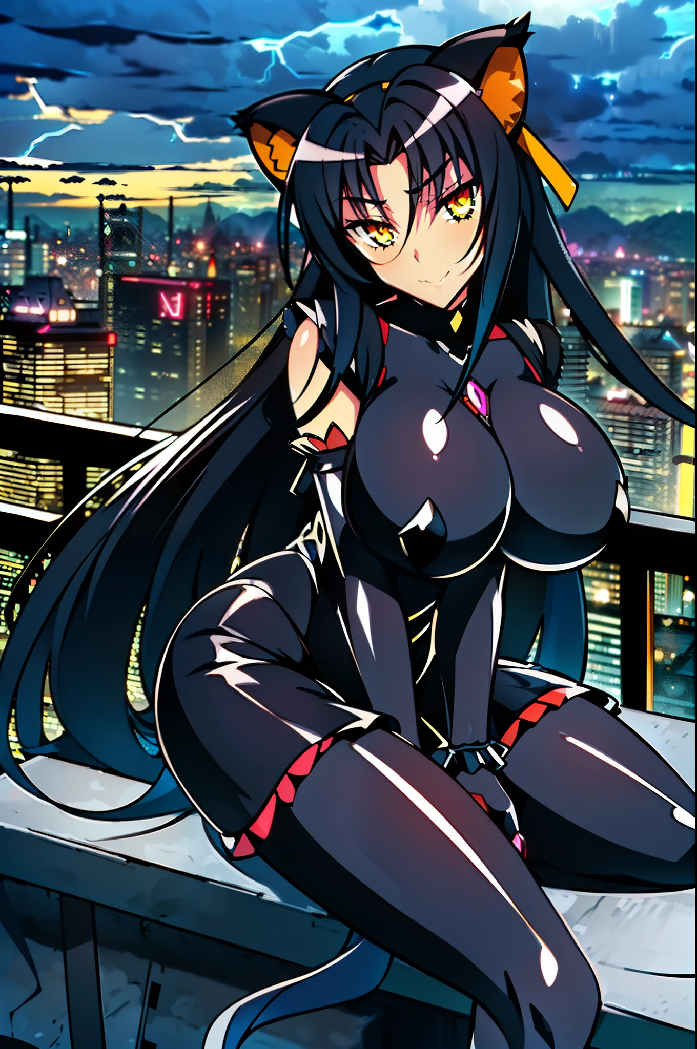 masterpiece, best quality, extremely detailed, 1girl, mature female, solo, kuroka dxd, (huge breasts:1.4), ((black hair, long hair, yellow eyes, slit pupils, cat ears, cat tail)), parted lips, ((Bad_End_Precure, frilly bodysuit, black gloves, gems, jewelry hair ornament, yellow latex mini-skirt)), ((evil smile), closed mouth), ((sitting on the bench, rooftop, dystopian cityscape, dark sky, storm clouds))