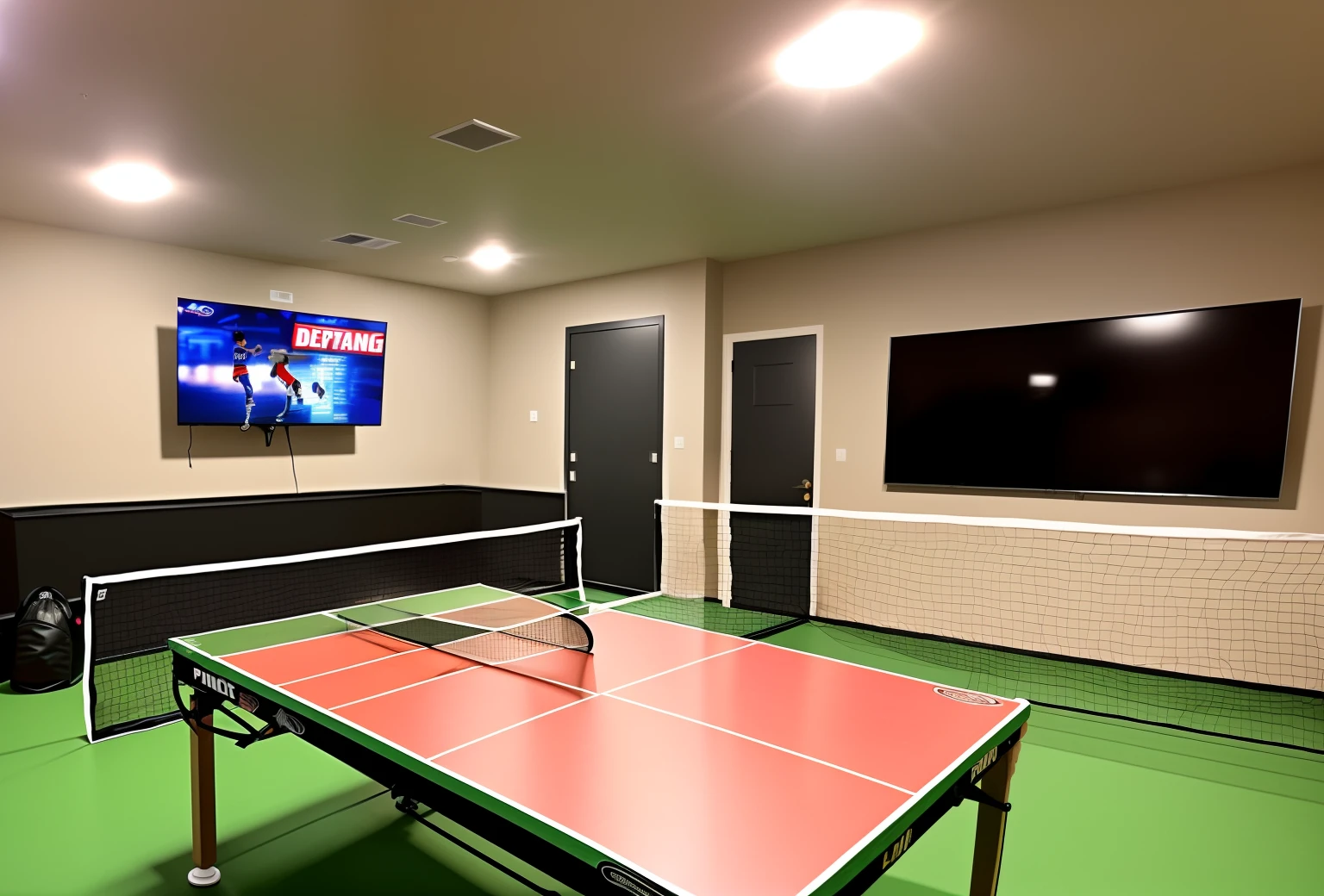 Basement game room for baseball players with a ping pong table, basketball hoop, boxing bag and ps5 setup