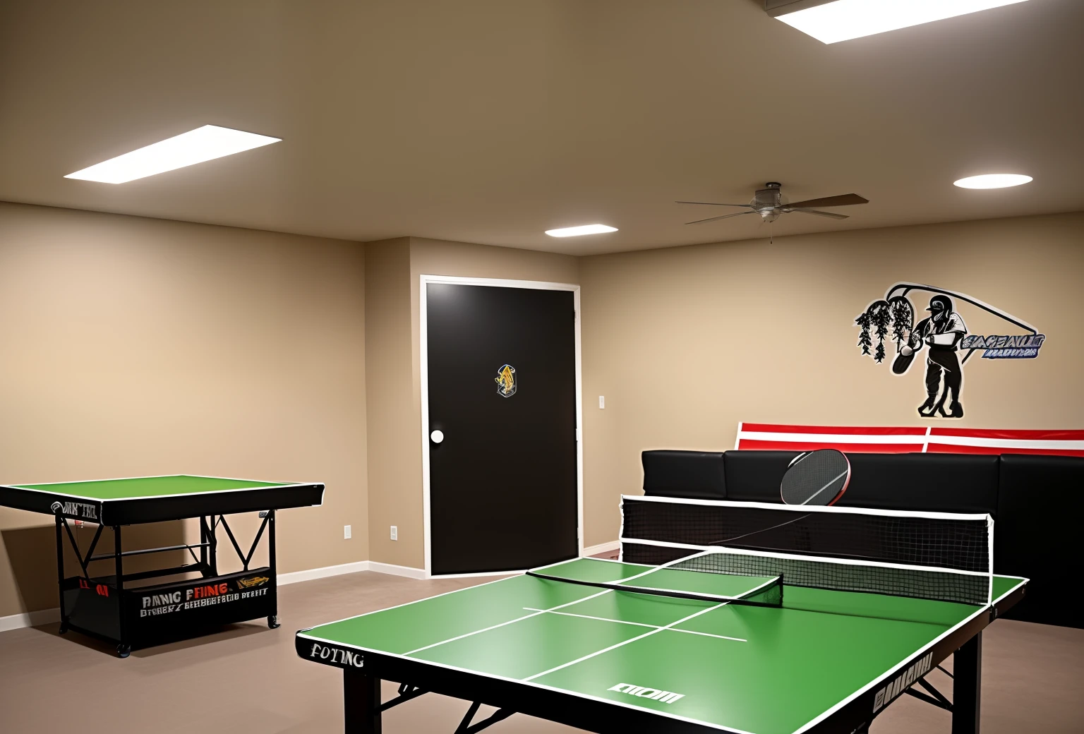 Basement game room for baseball players with a ping pong table, basketball hoop, boxing bag and ps5 setup