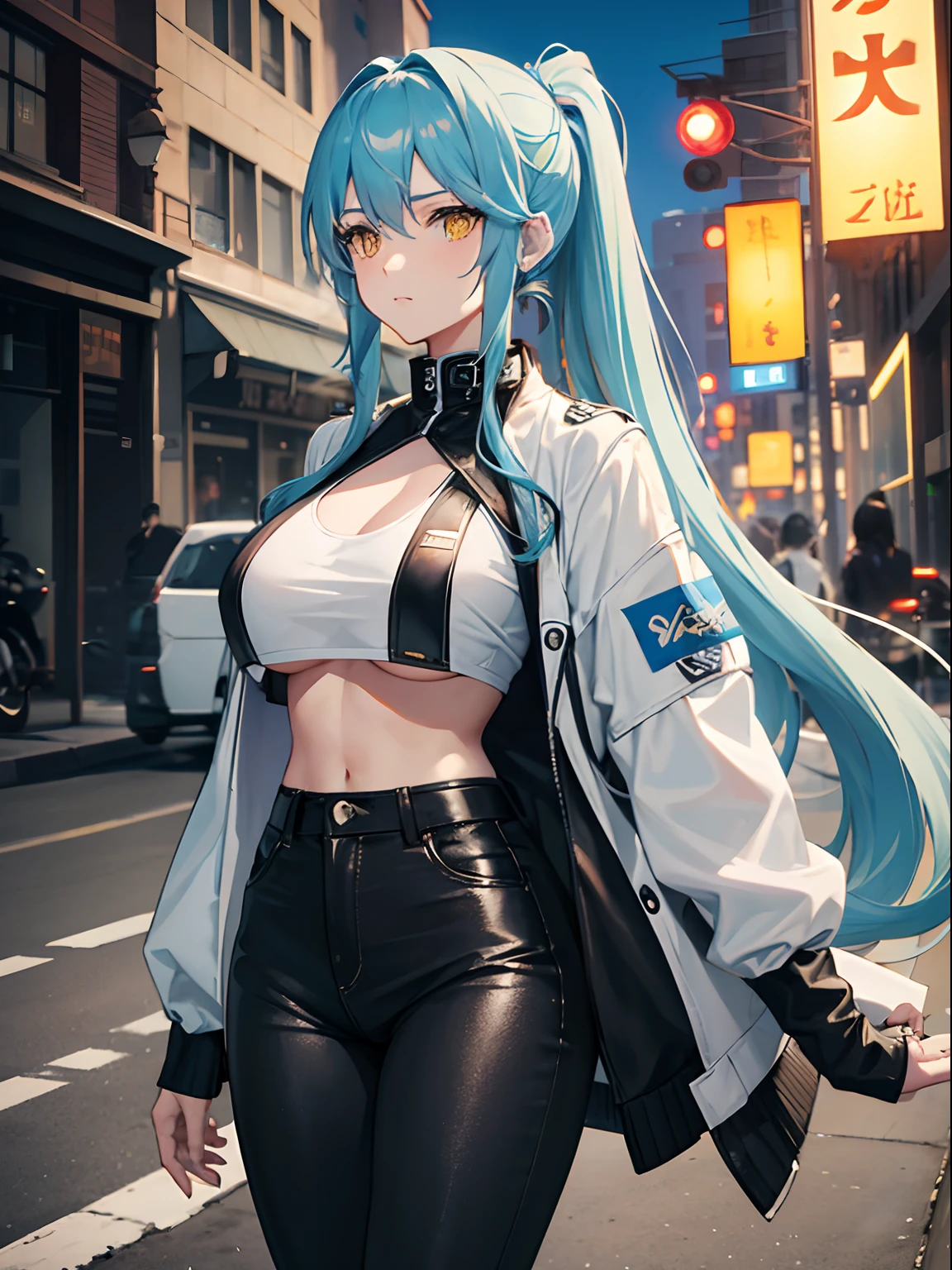 Long Hair, Ponytail, Light Blue Hair, Yellow Eyes, Big Boobs, Bikers White Shirt, Bikers Black Jacket, Tight Black Jeans, Racing Motorcycle, Nighttime