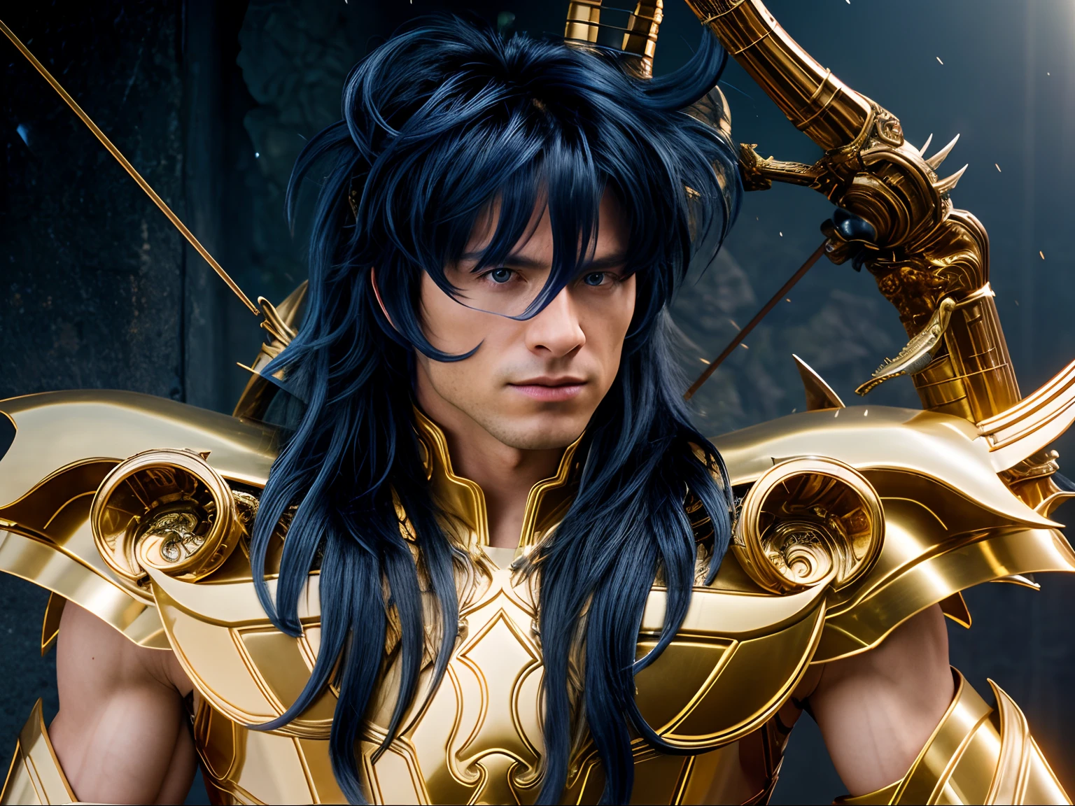 Cinematic stunningly detailed and ultra-realistic Milo Scorpio of Saint Seiya. Close up. He is wearing a golden detailed medieval armor. Shoulder armor. Muscular. He is a handsome caucasian man about 35 years old. 1boy. Detailed face. (Beautiful sharp nose). (Pretty big blue eyes). Perfect eyes. ((Shaved)). He has blue long hair. Messy hair. Bangs. . He is staring his enemy. (full body armor), (detailed armor, high quality), (ornate armor), (hdr), (noble), inspiring, film, cinematic lighting, (no hair adornment). ((powerful look)).