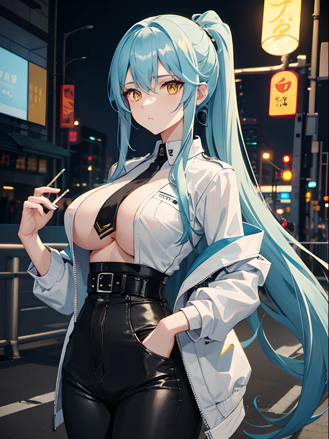 Long Hair, Ponytail, Light Blue Hair, Yellow Eyes, Big Boobs, Bikers White Shirt, Bikers Black Jacket, Tight Black Jeans, Racing Motorcycle, Nighttime, Smoking Cigarette