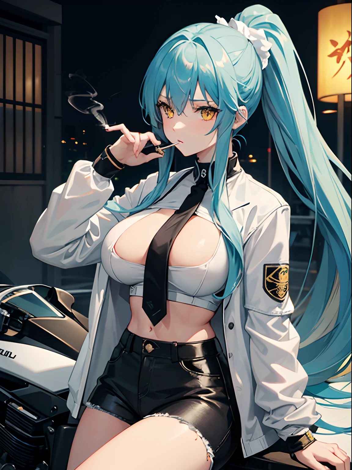 Long Hair, Ponytail, Light Blue Hair, Yellow Eyes, Big Boobs, Bikers White Shirt, Bikers Black Jacket, Tight Black Jeans, Racing Motorcycle, Nighttime, Smoking Cigarette