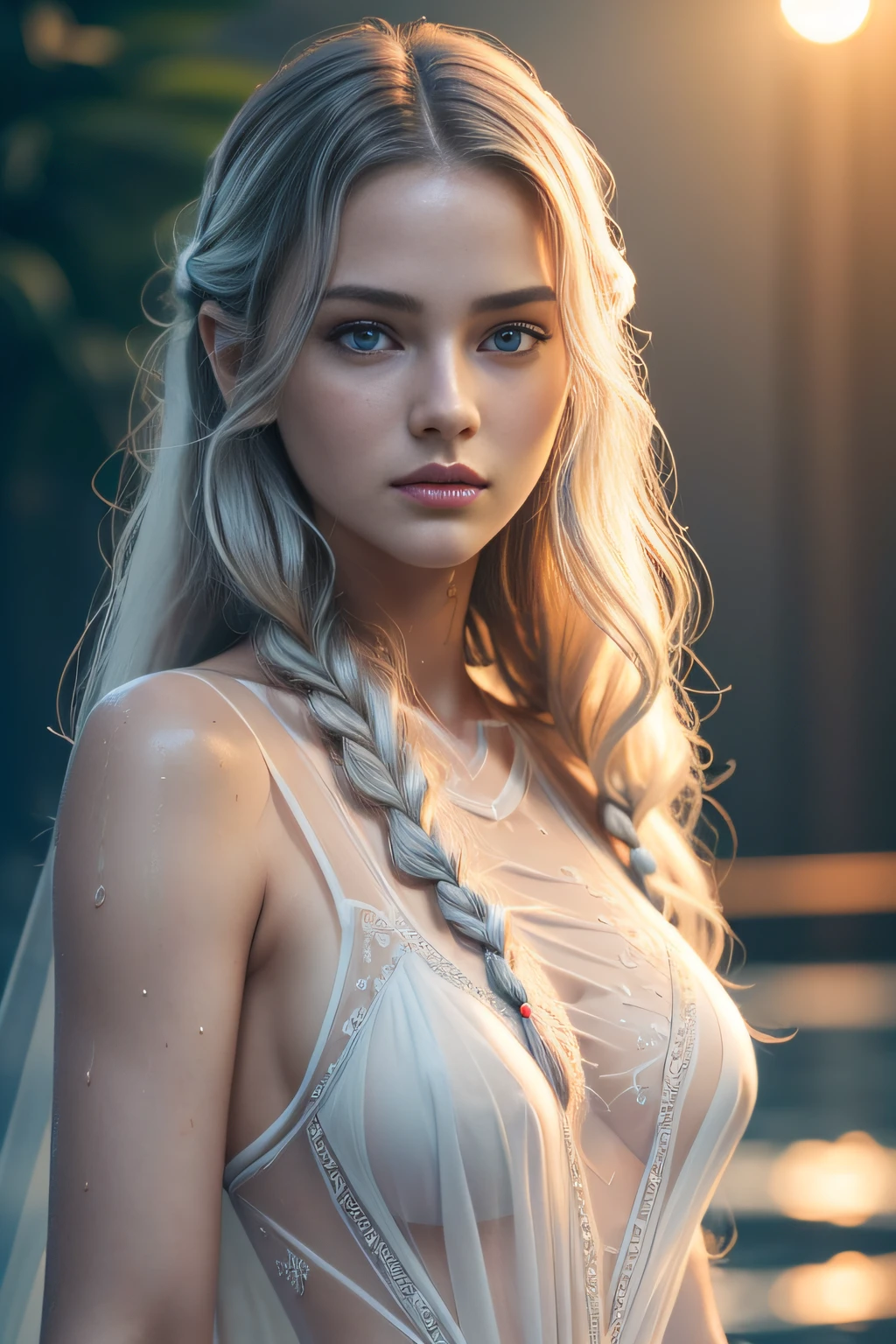 (whole body:1.3)(extremely intricate:1.3), (photorealistic:1.4), Ukrainian Supermodel, hyper-detailed wet sheer dress, (sensual pose), (lewd face), sexy lips, waifu, oppai, beautiful, cute, pretty, perfectly proportion body, perfect framing, sharp gray eyes, supermodel face, detailed face, pale white skin, [[freckles skin]], (((white wavy hair))), cover art, moody,  zoom out, depth of field, art station, (luminism), (((cinematic lighting))), orange and teal, soft light, [summer weather: sunset weather:2.5] 4k resolution, octane render,