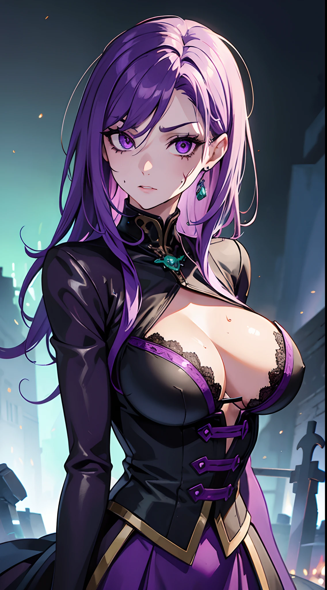 A female undead with purple hair, white eye, Wearing green skull ward, Wearing sweaty purple Warlock Dress, Graveyard Background, Confused Emotion mood, Sassy, sexy, detailed eyes, detailed face,very detailed, High Detail.