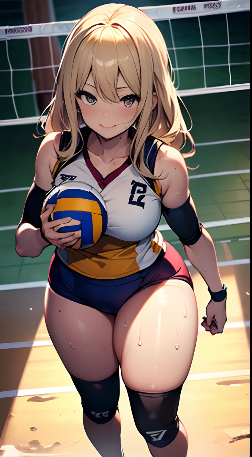 UHD, anatomically correct, 8k, (((masterpiece))), (((best quality))), (((ultra detailed))), (((high-resolution))), ((super fine illustration)), ((Ultimate cutie)), detailed beautiful face, solo, ((gyaru)), potbelly, ((curvy)), shiny hair, happy, smile, (blush),
BREAK, (((buruma))), ((sleeveless volleyball uniform)), ((elbow pad)), ((kneepad)), buruma, buruma,
BREAK, (((hold the Dirty spherical shape 6-inch volleyball in both hand))), ((sweat)), (perspired), (heavy breathing), sense of depth, in gymnasium, lighting, from above, looking at viewers