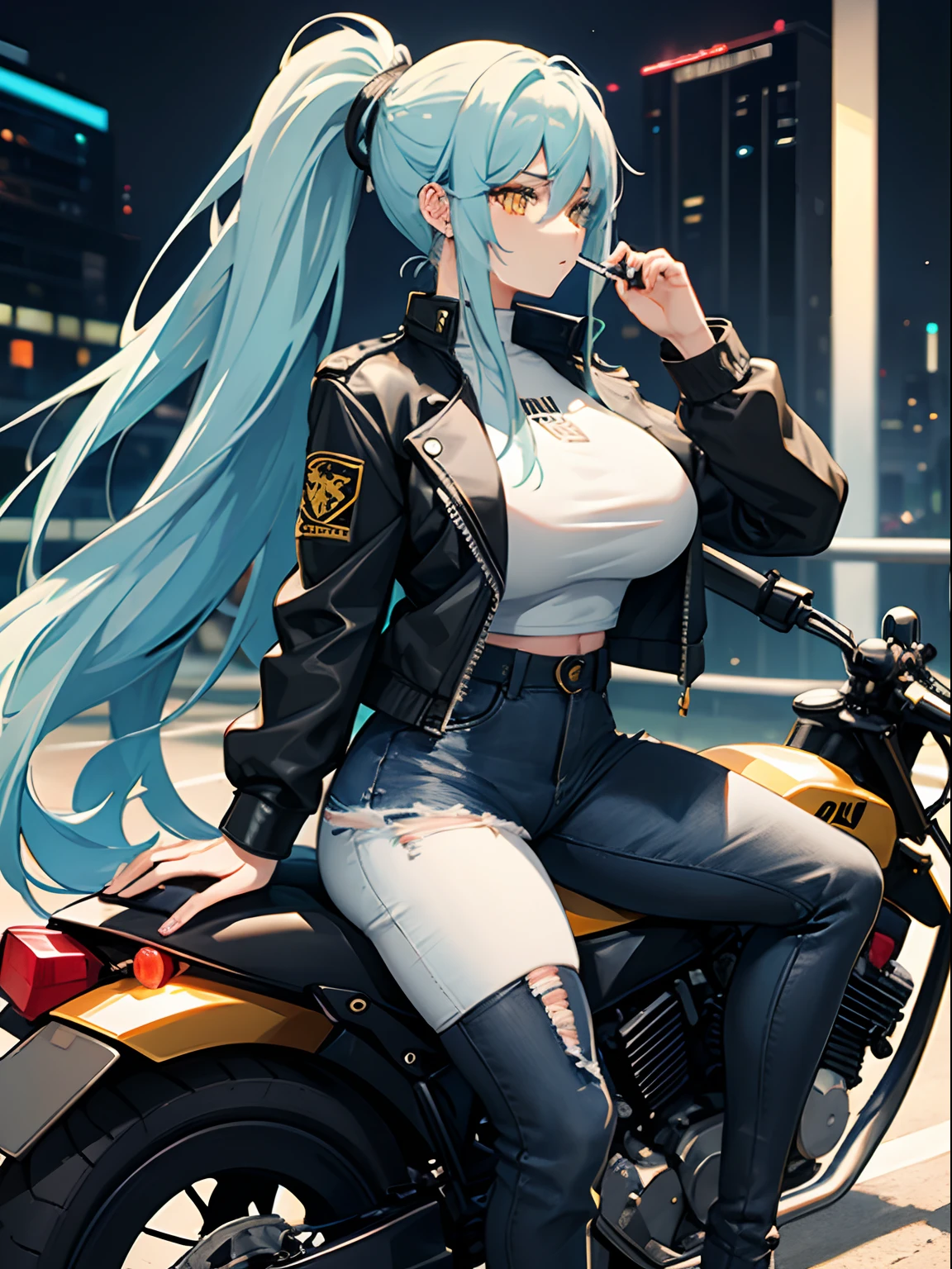 Long Hair, Ponytail, Light Blue Hair, Yellow Eyes, Big Boobs, Bikers White Shirt, Bikers Black Jacket, Tight Black Jeans, Racing Motorcycle, Nighttime, Smoking Cigarette