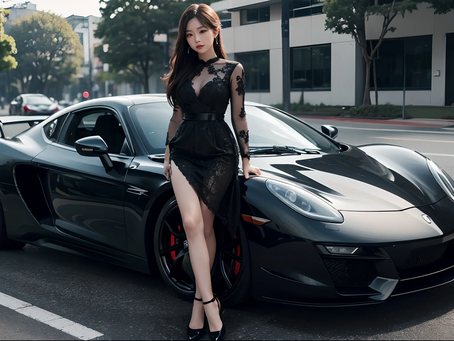 Perfect face and nice perfect face, Surreal concept, 8K resolution, photographic quality, Photorealistic,A detailed eye,Beautiful japanese girl,(Black,Formal Dresses),pointed toe shoes,Full body,Ultra-detailed supercar,Background of the pass,to stand,