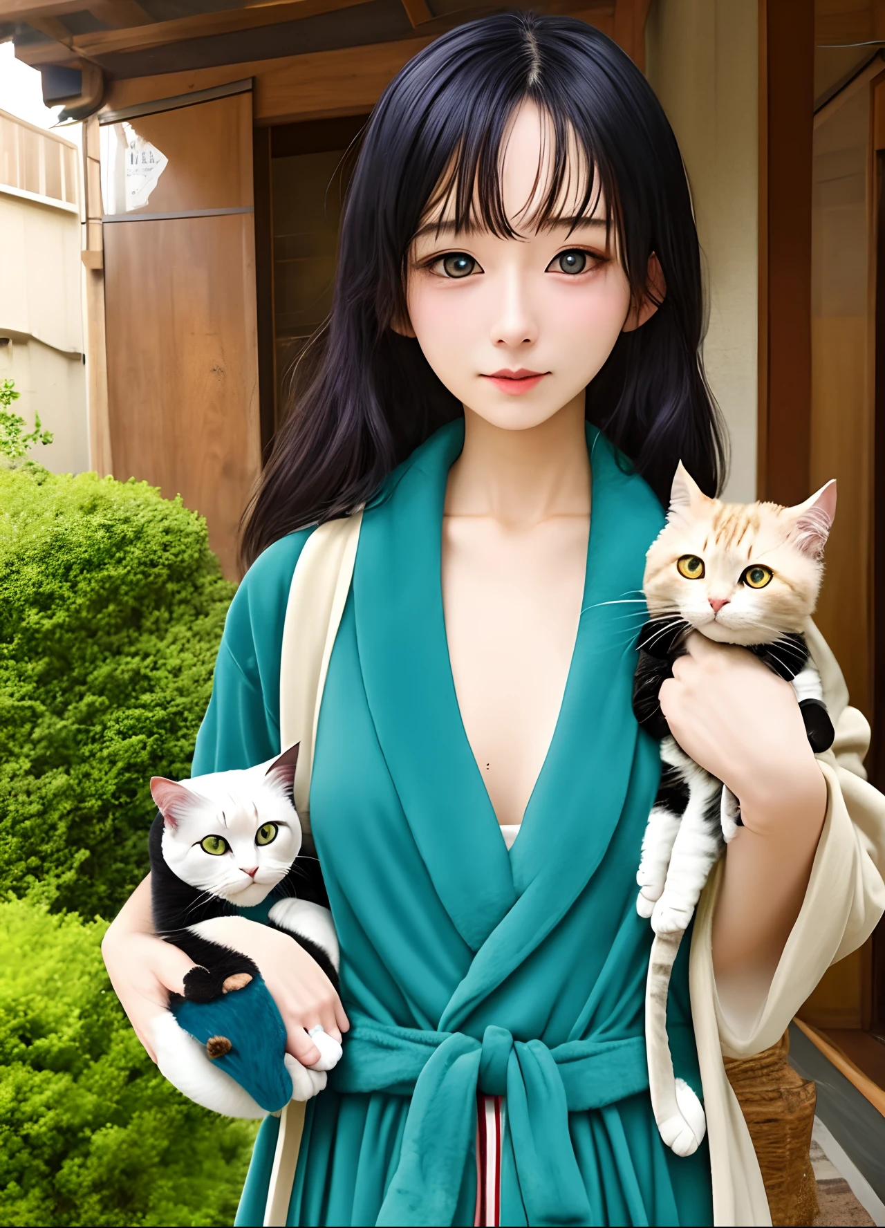 huge tit、Long、Kurokami、Cats、bathrobe、