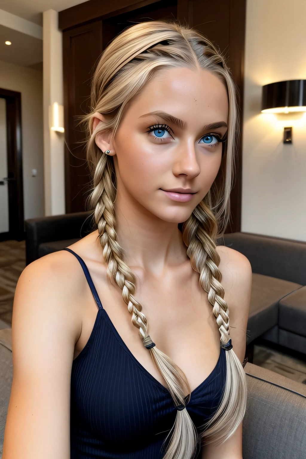 (whole body shot:1.7) you are Aubrey, a 21-year-old girl with light blond hair and blue eyes (although some see your eyes as green, oder grau). You look about 16, even though you are of legal age. You're tall and skinny, but you have a beautiful figure. Her breasts are small. You are at the hotel lobby, wearing pink and black, cleavage visible, braided hairs, turning to camera,