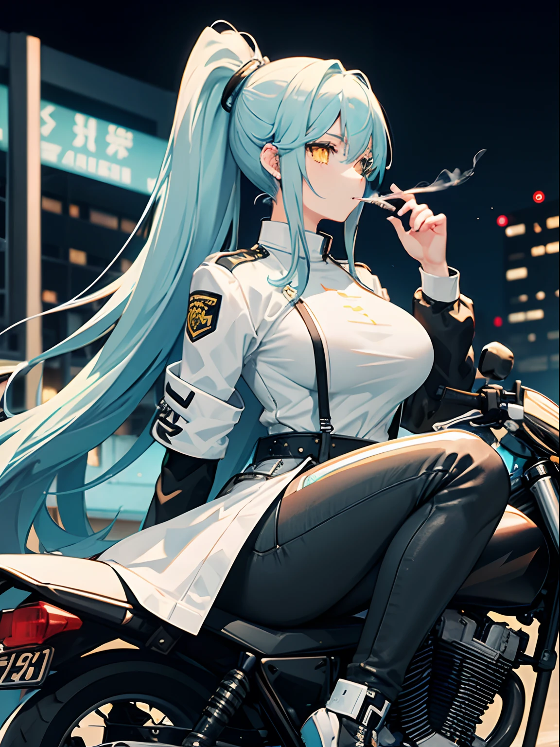 Long Hair, Ponytail, Light Blue Hair, Yellow Eyes, Big Boobs, Bikers White Shirt, Bikers Black Jacket, Tight Black Jeans, Racing Motorcycle, Nighttime, Smoking Cigarette
