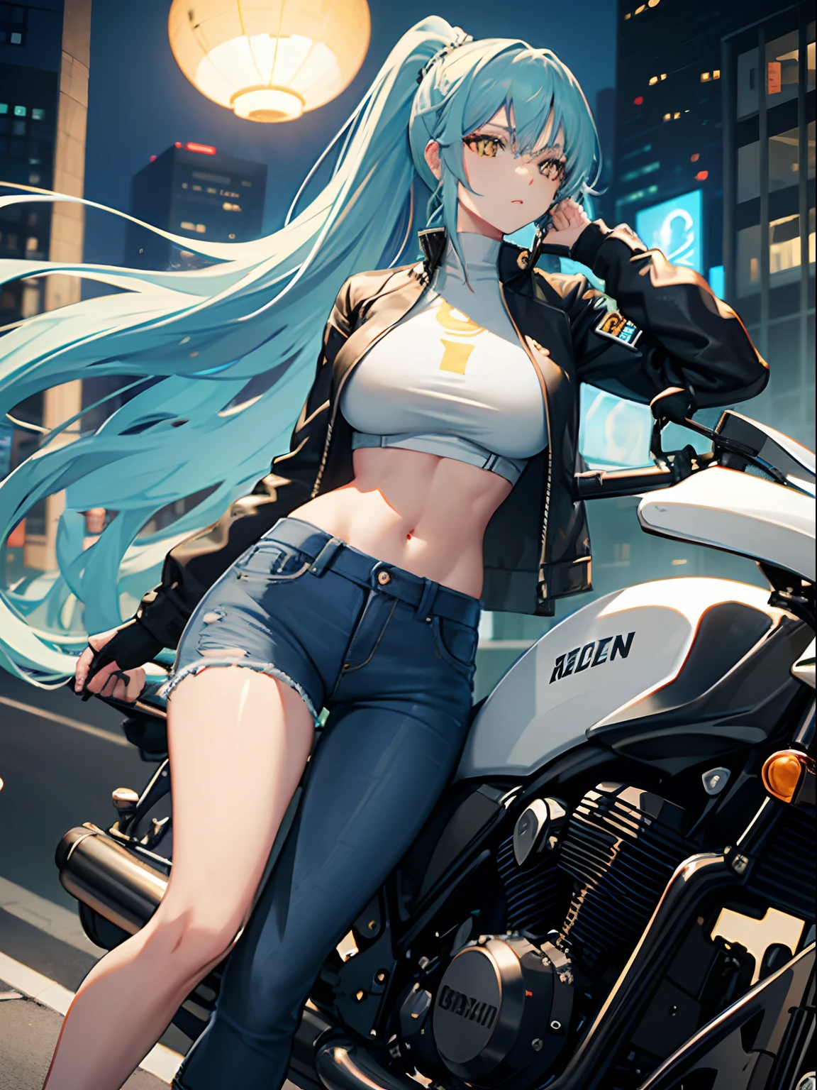 Long Hair, Ponytail, Light Blue Hair, Yellow Eyes, Big Boobs, Bikers White Shirt, Bikers Black Jacket, Tight Black Jeans, Racing Motorcycle, Nighttime, Smoking Cigarette