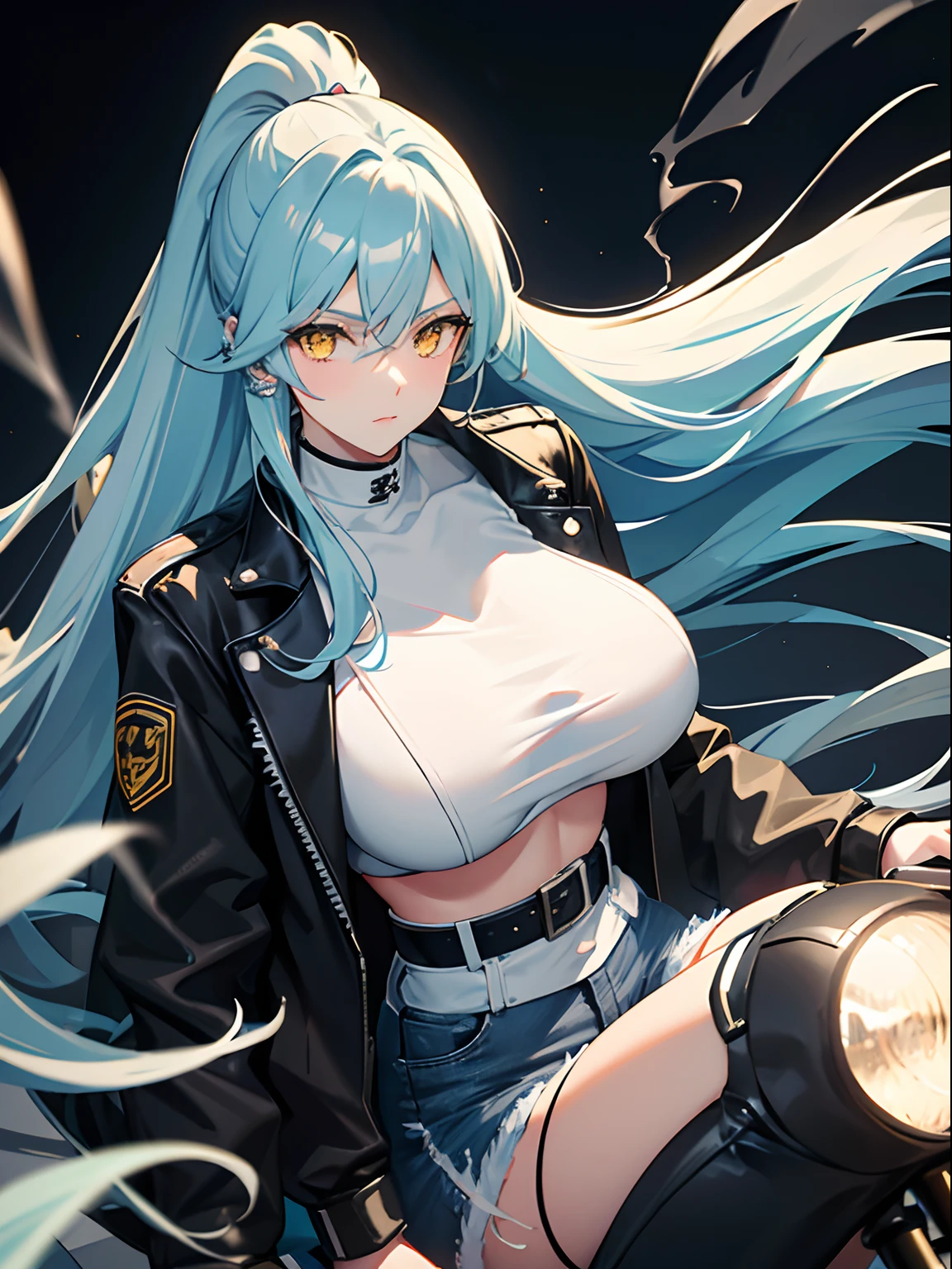 Long Hair, Ponytail, Light Blue Hair, Yellow Eyes, Big Boobs, Bikers White Shirt, Bikers Black Jacket, Tight Black Jeans, Racing Motorcycle, Nighttime, Smoking Cigarette