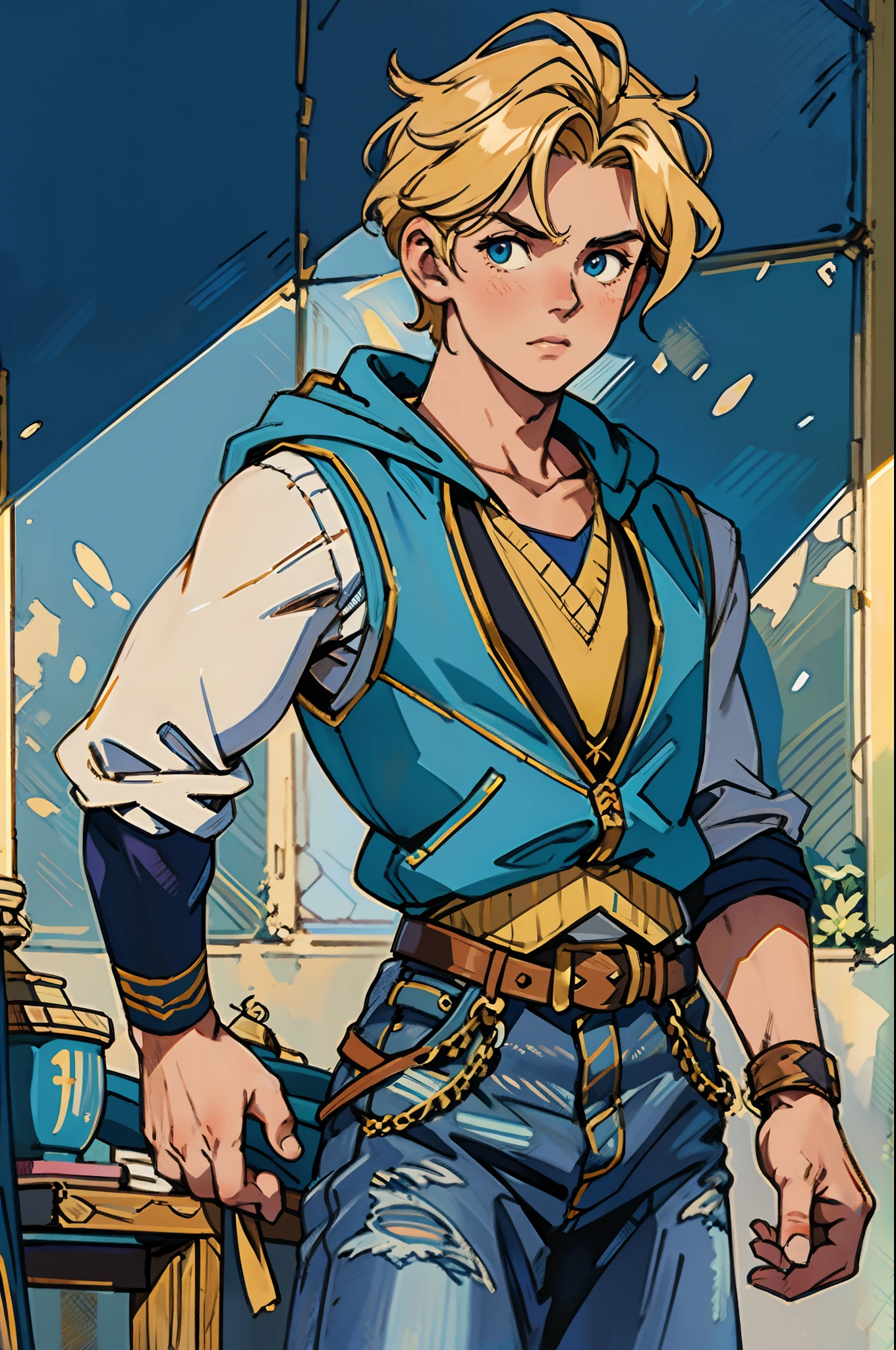 An 11-year-old boy with golden hair, Center-parted hairstyle, a cunning gaze, a slender figure, a fantasy-realistic style blue sleeveless vest with a hood, a yellow-green undershirt, blue jeans, Within a medieval town of fantasy style, this character embodies a finely crafted child with a fantasy-realistic style in anime style, characterized by an exquisite and mature manga illustration art style, full body character drawing, high definition, best quality, highres, ultra-detailed, ultra-fine painting, extremely delicate, professional, anatomically correct, symmetrical face, extremely detailed eyes and face, high quality eyes, creativity, RAW photo, UHD, 8k, Natural light, cinematic lighting, masterpiece-anatomy-perfect, masterpiece:1.5