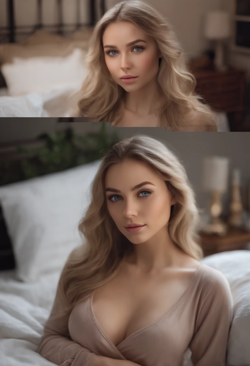 arafed woman fully , sexy girl with blue eyes, ultra realistic, meticulously detailed, portrait sophie mudd, blonde hair and large eyes, selfie of a young woman, bedroom eyes, violet myers, without makeup, natural makeup, looking directly at the camera, face with artgram, subtle makeup, half torso shot in bed, in bedroom, medium to large size bust