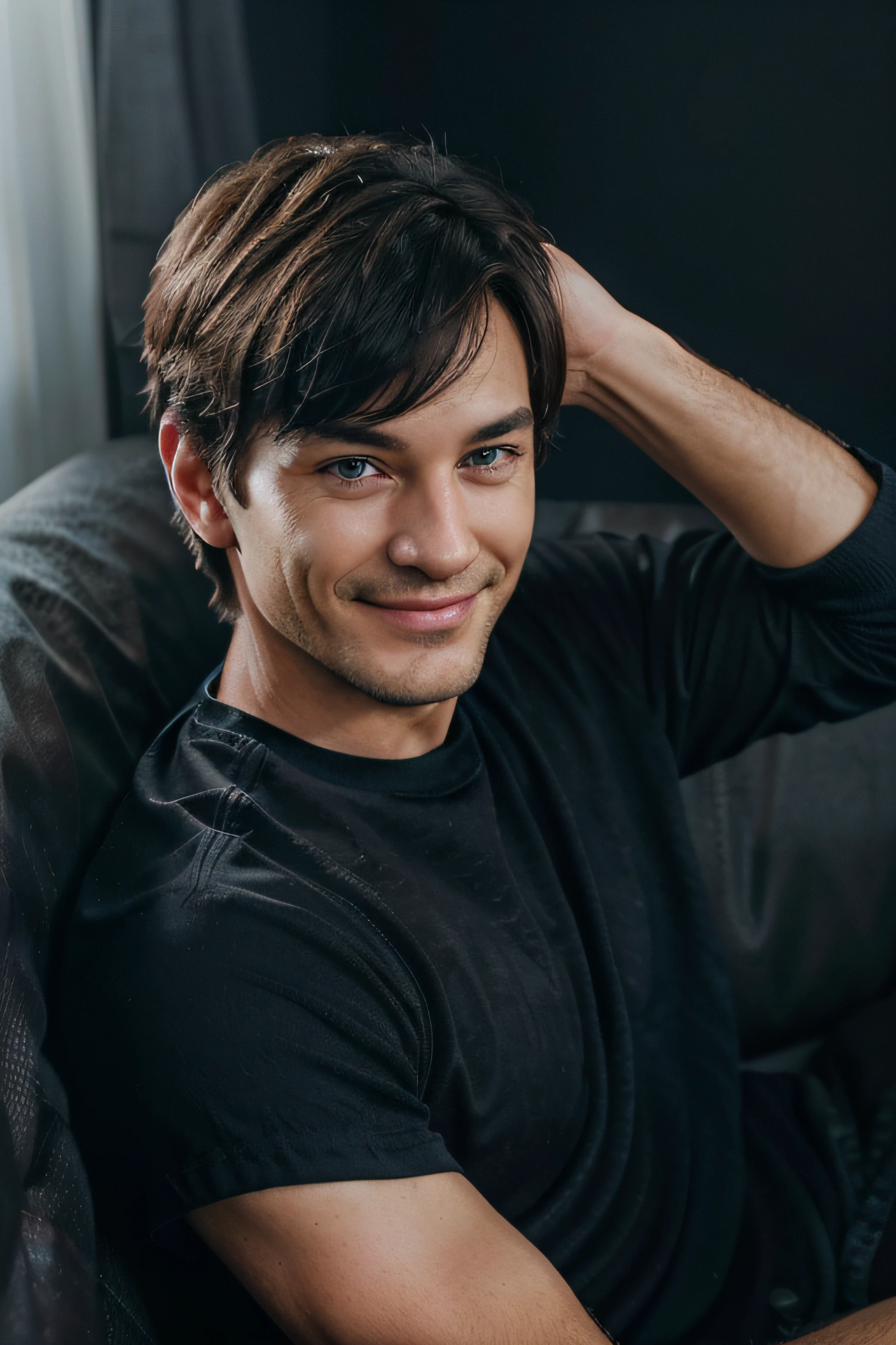 (smiling man photo) (50-year-old,blue-eyed,dark-haired,classic haircut) (3/4 view) (sitting in black boxer on his own couch) (realistic,photorealistic:1.37) (portrait) (vivid colors) (soft lighting)