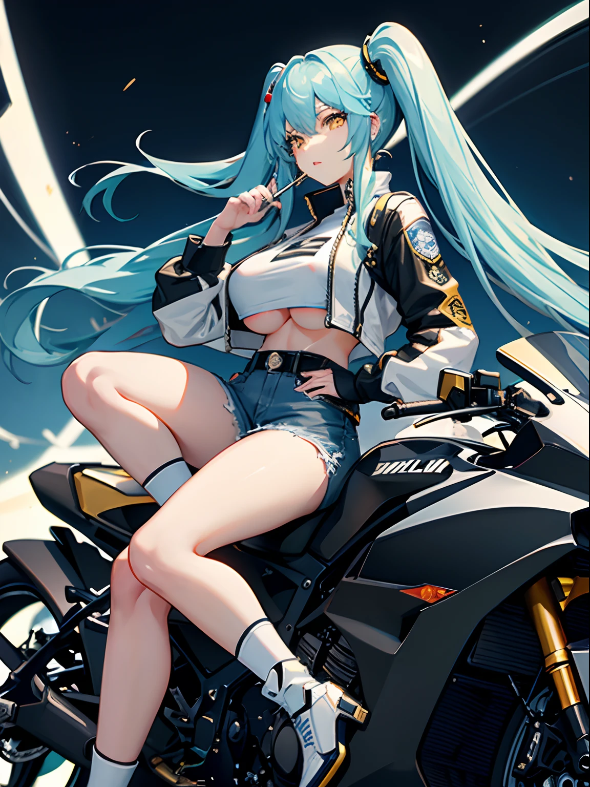 Long Hair, Twintail, Light Blue Hair, Yellow Eyes, Big Boobs, Bikers White Shirt, Bikers Black Jacket, Tight Black Jeans, Racing Motorcycle, Nighttime, Smoking Cigarette