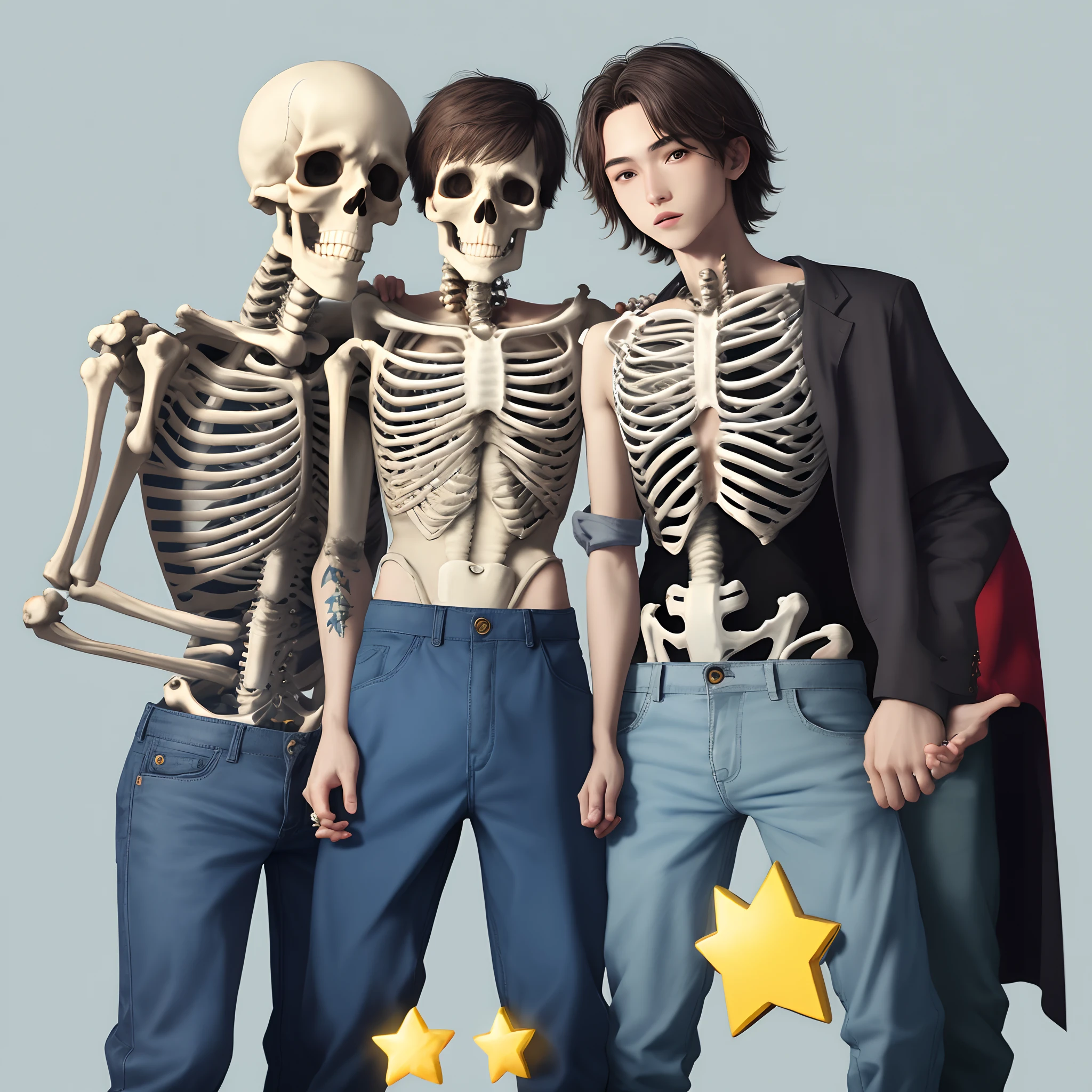 Skeleton in baggy blue pants with yellow stars on them holding up middle fingers