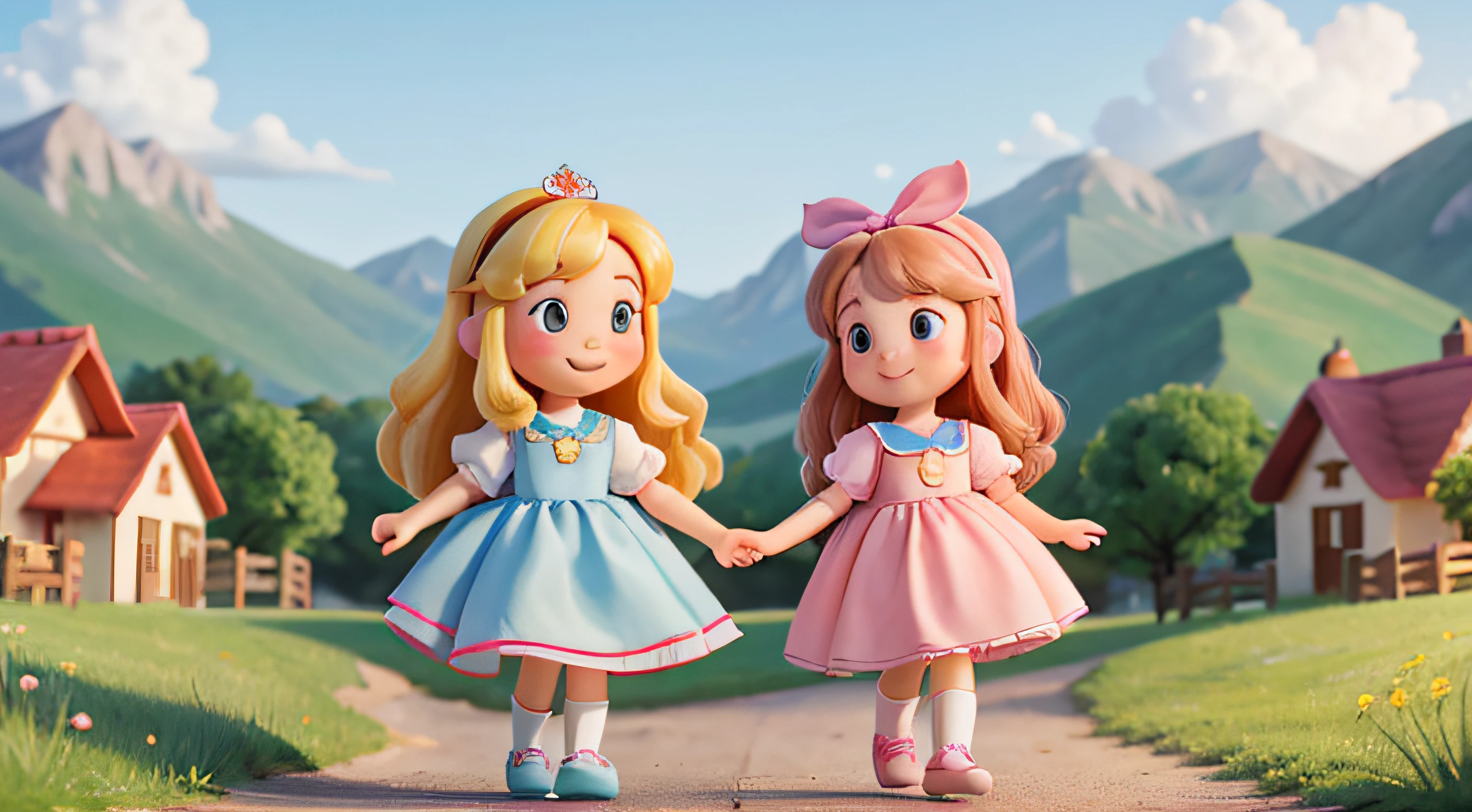 Create an 8K image of a tranquil village at dawn. Show cozy, colorful cottages nestled among rolling hills. Include two characters, Princess Belle and Princess Jessie, holding hands and smiling with anticipation as they set out on their adventure. Princess Belle is 4-year-old, round face, Long eyelashes, rosy cheeks, Long brown hair with pink bow headband, Beautiful pink dress, Pink socks and white shoes.. Princess Jessie is 6-year-old, round face, Long eyelashes, rosy cheeks, Long blonde hair, Elegant light blue dress, with blue socks and white shoes.