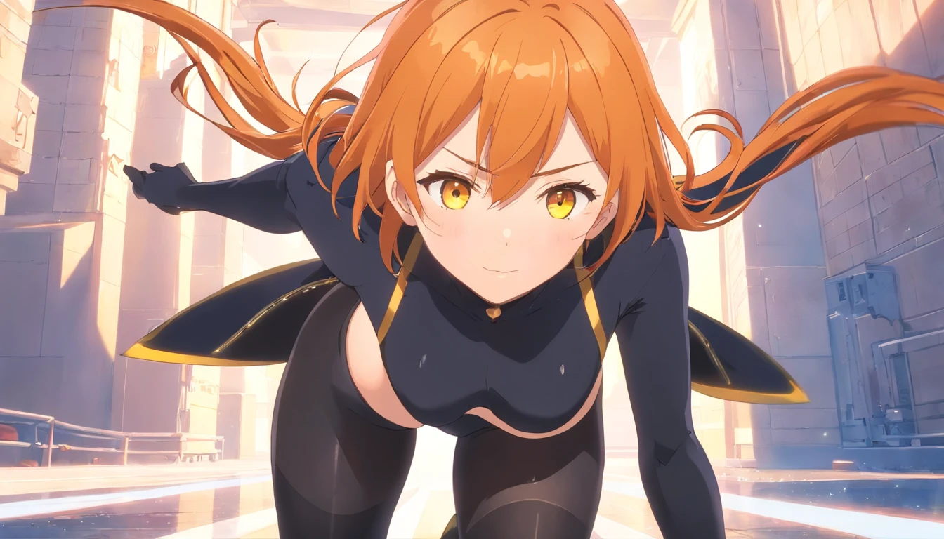 1 female、Orange hair、Big milk、Big ass、Black Spysuit、yellow  eyes、Large, thick thighs、Short Bob、wide hips、pantyhose