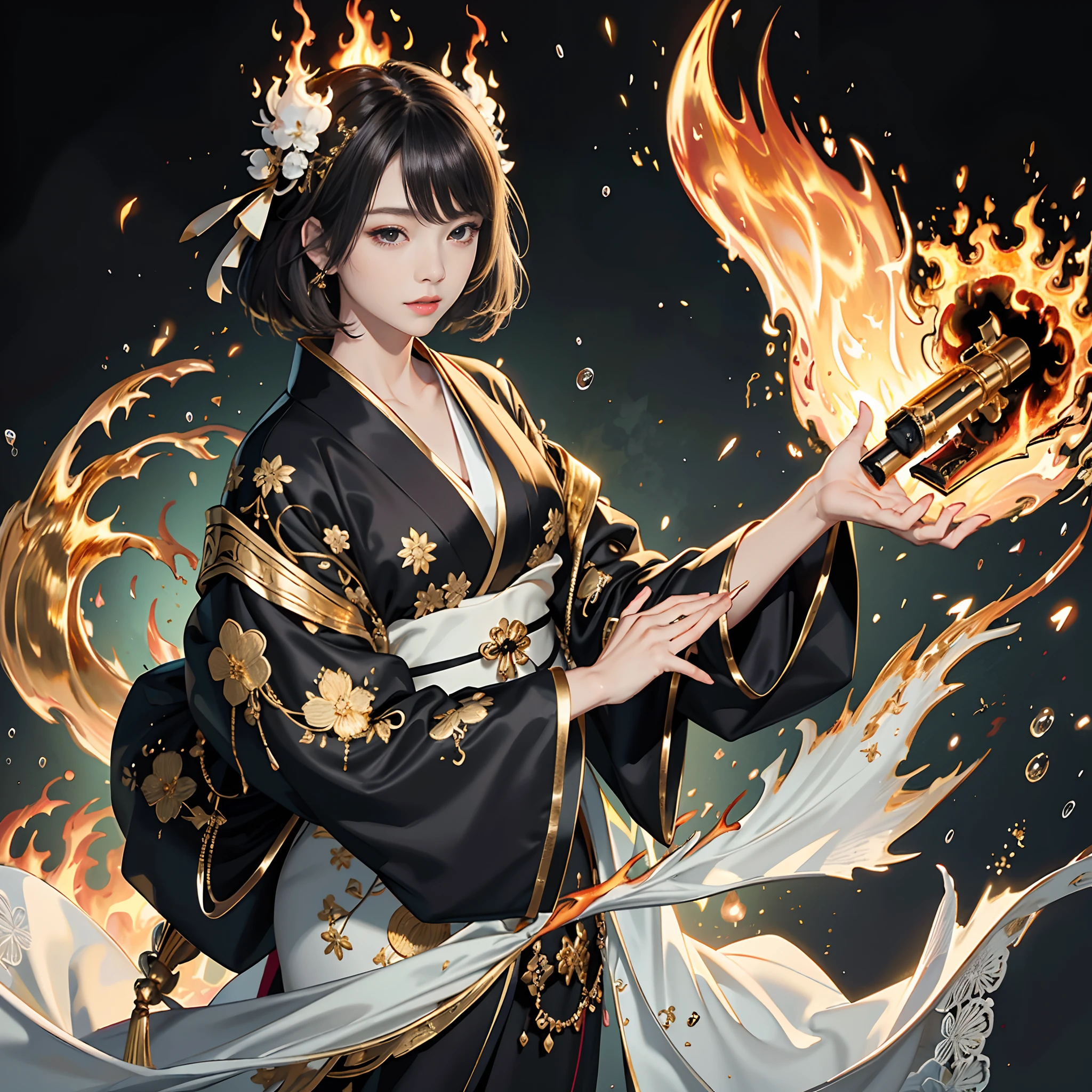 Background of details(Exploding Cities),BREAK ,elaborate costume(Luxury kimono(Black kimono(detailed embroidery(blanche,golds)))),BREAK,(1 Beautiful and classy adult woman(Shy smile:1.2)(Japanese actressl:1.2)(A dark-haired(short-hair:1.2))),(eye glass:1.2),(magia(Water in the right hand,Flame in the left hand)opening fire:1.5),BREAK,Wallpapers 16K,Blur the background,)(masutepiece,Best Quality,Portrait photos):1.5),full body Esbian