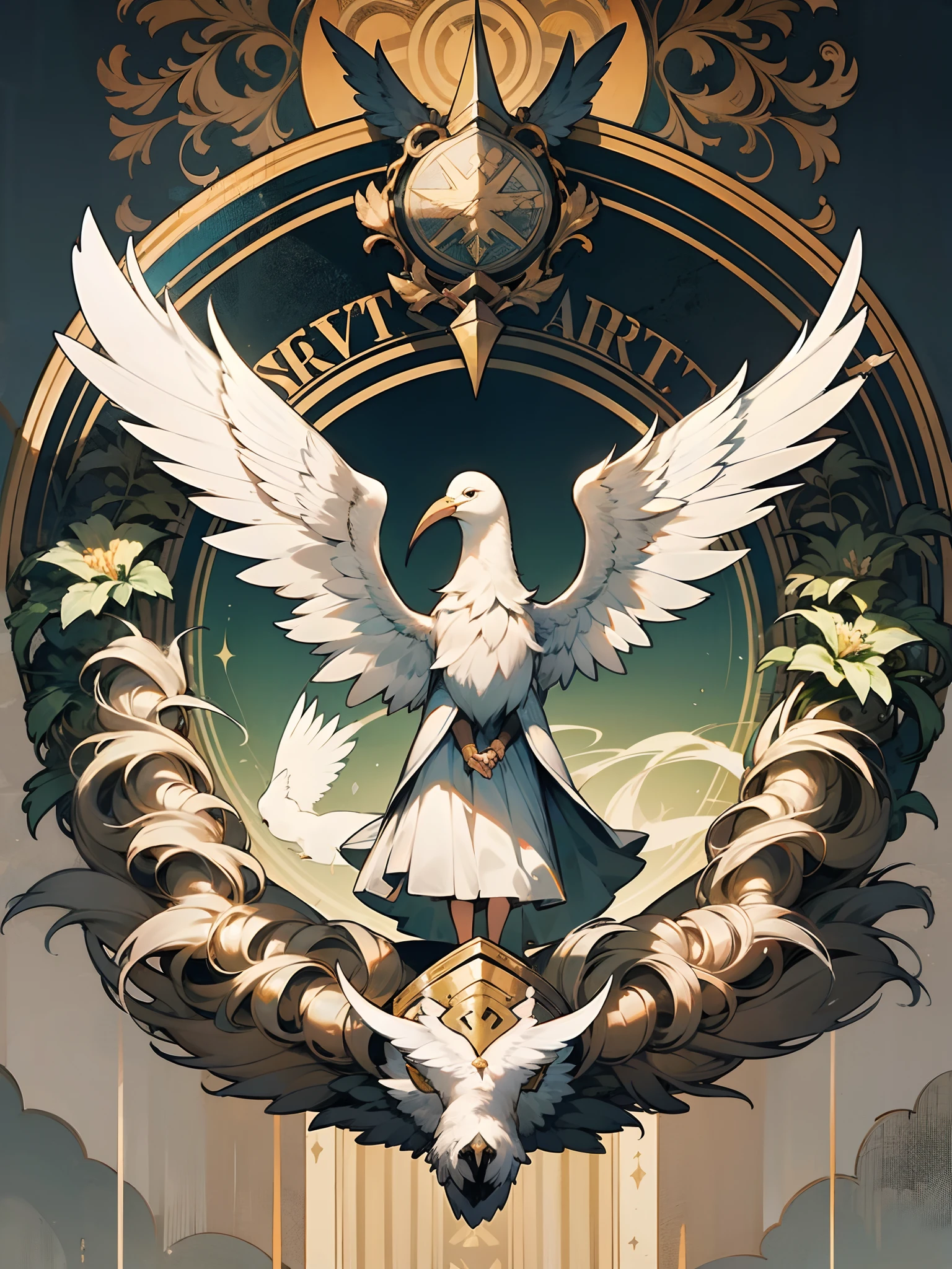 coat of arms with a large white bird with sign written Warriors of Light --auto --s2
