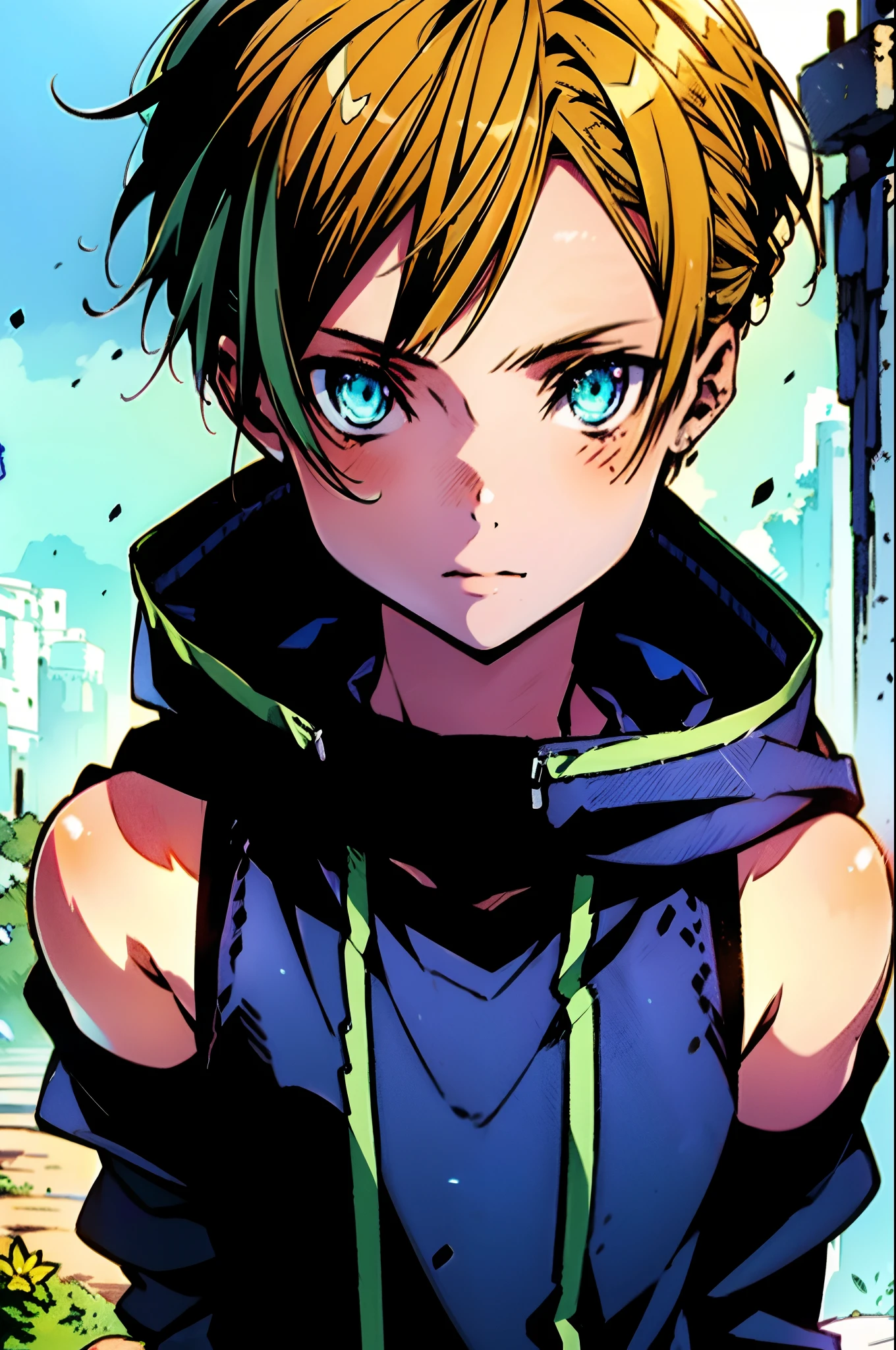 An -yeld boith golden hair, Center-parted hairstyle, a cunning gaze, a slender figure, a fantasy-realistic style blue sleeveless vest with a hood, a yellow-green undershirt, blue jeans, Within a medieval town of fantasy style, this character embodies a finely crafted child with a fantasy-realistic style in anime style, characterized by an exquisite and mature manga illustration art style, full body character drawing, high definition, best quality, highres, ultra-detailed, ultra-fine painting, extremely delicate, professional, anatomically correct, symmetrical face, extremely detailed eyes and face, high quality eyes, creativity, RAW photo, UHD, 8k, Natural light, cinematic lighting, masterpiece-anatomy-perfect, masterpiece:1.5