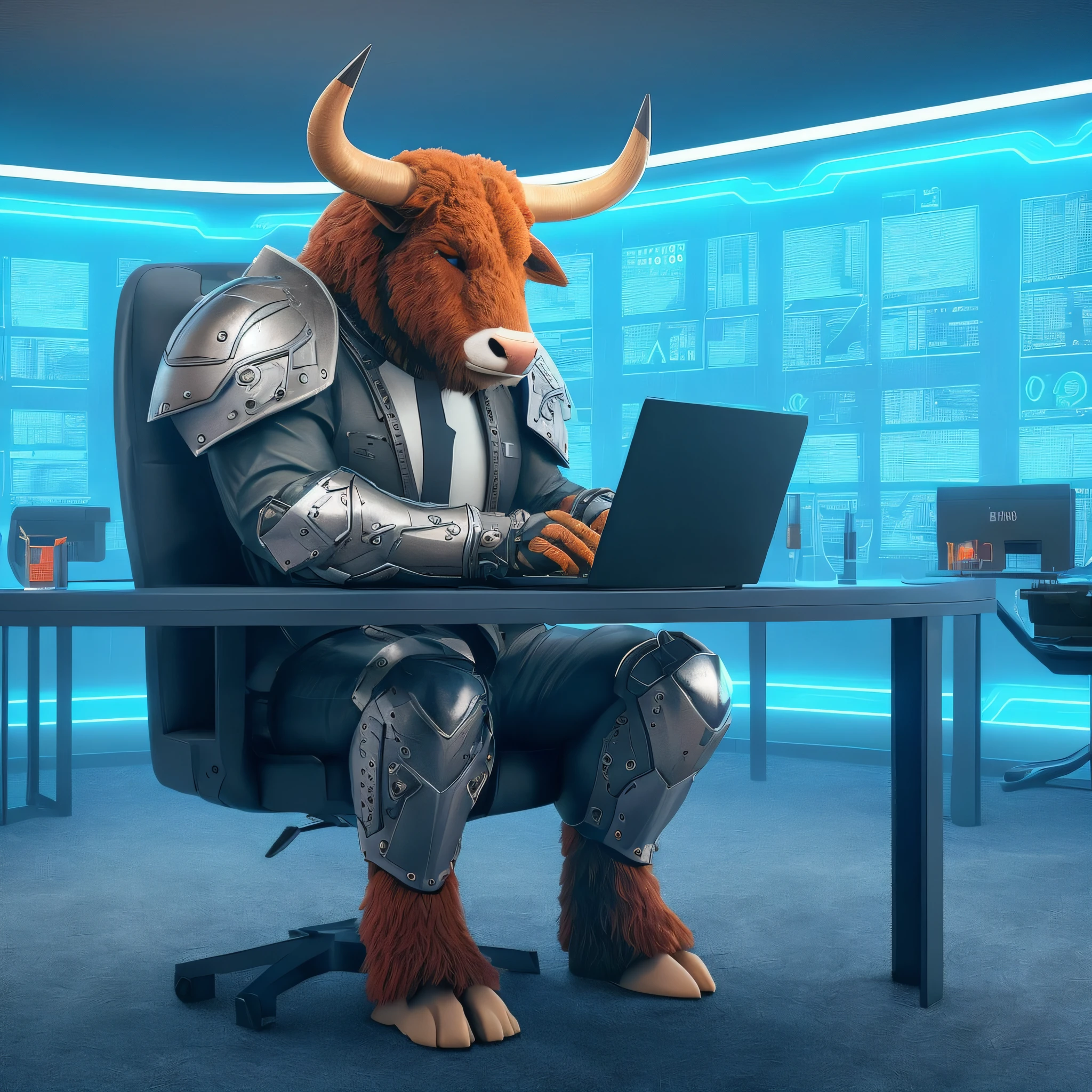 Minotauro em um terno sentado em uma mesa com um laptop, humano vestido como um touro, Minotauro em armadura antiga, samurai touro da lua, hiper altista, Cyber Ocidental, O melhor no Adobe Stock, Minotauro, Steel Bull Run, sentado em uma mesa de computador, Minotauro Guerreiro, logotipo estilizado do Minotauroo cyberpunk, touro