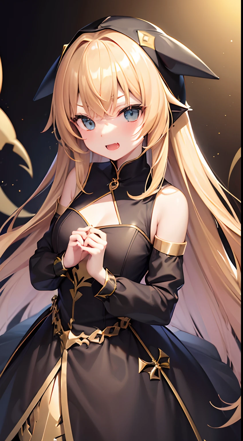 hight resolution、hightquality、ultra-detailliert、8k wallpaper、1人の女性、Beautiful fece、adult-like、a blond、Wearing a shark hood、Teeth are shark fangs、Kamimei、Melancholy is in the air、Lovers feeling、Little devil feeling、Be loved、Familiarity、Gold and black dress、Gold and black background、opulent、Overall more gold and black
