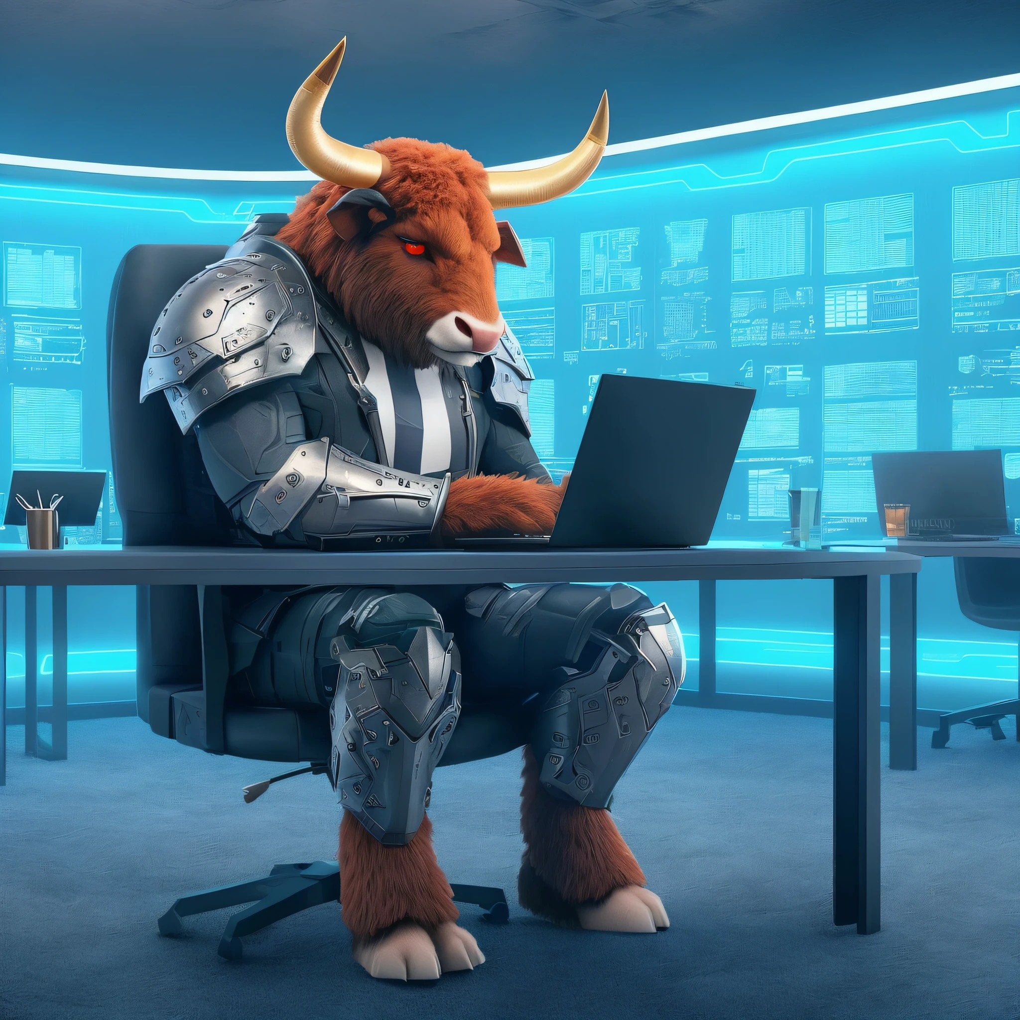 Minotauro em um terno sentado em uma mesa com um laptop, humano vestido como um touro, Minotauro em armadura antiga, samurai touro da lua, hiper altista, Cyber Ocidental, O melhor no Adobe Stock, Minotauro, Steel Bull Run, sentado em uma mesa de computador, Minotauro Guerreiro, logotipo estilizado do Minotauroo cyberpunk, touro