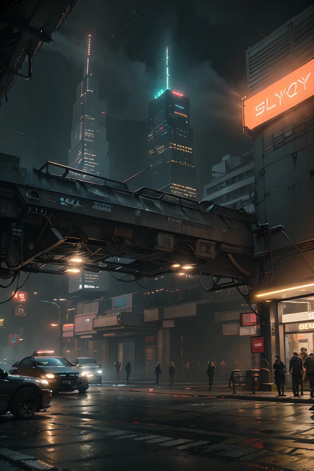 Cyberpunk Blade Runner cityscape street scene with towering skyscrapers, ((glowing neon signs)) and LED lights, traffic with (futuristic cyberpunk cars) and flying cars in the sky, bright colors contrasting with dark atmosphere, (cinematic lighting), extremely detailed.