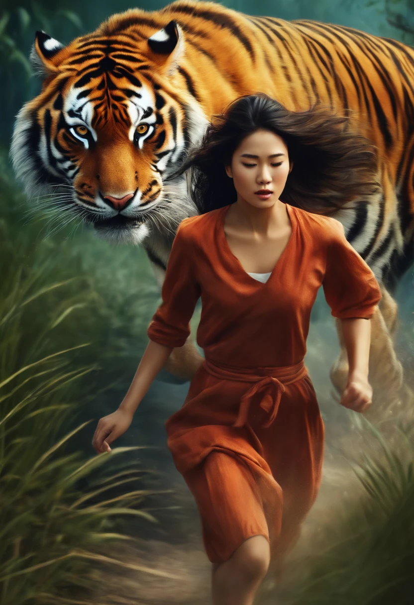 Realistic Asian girl running from a tiger