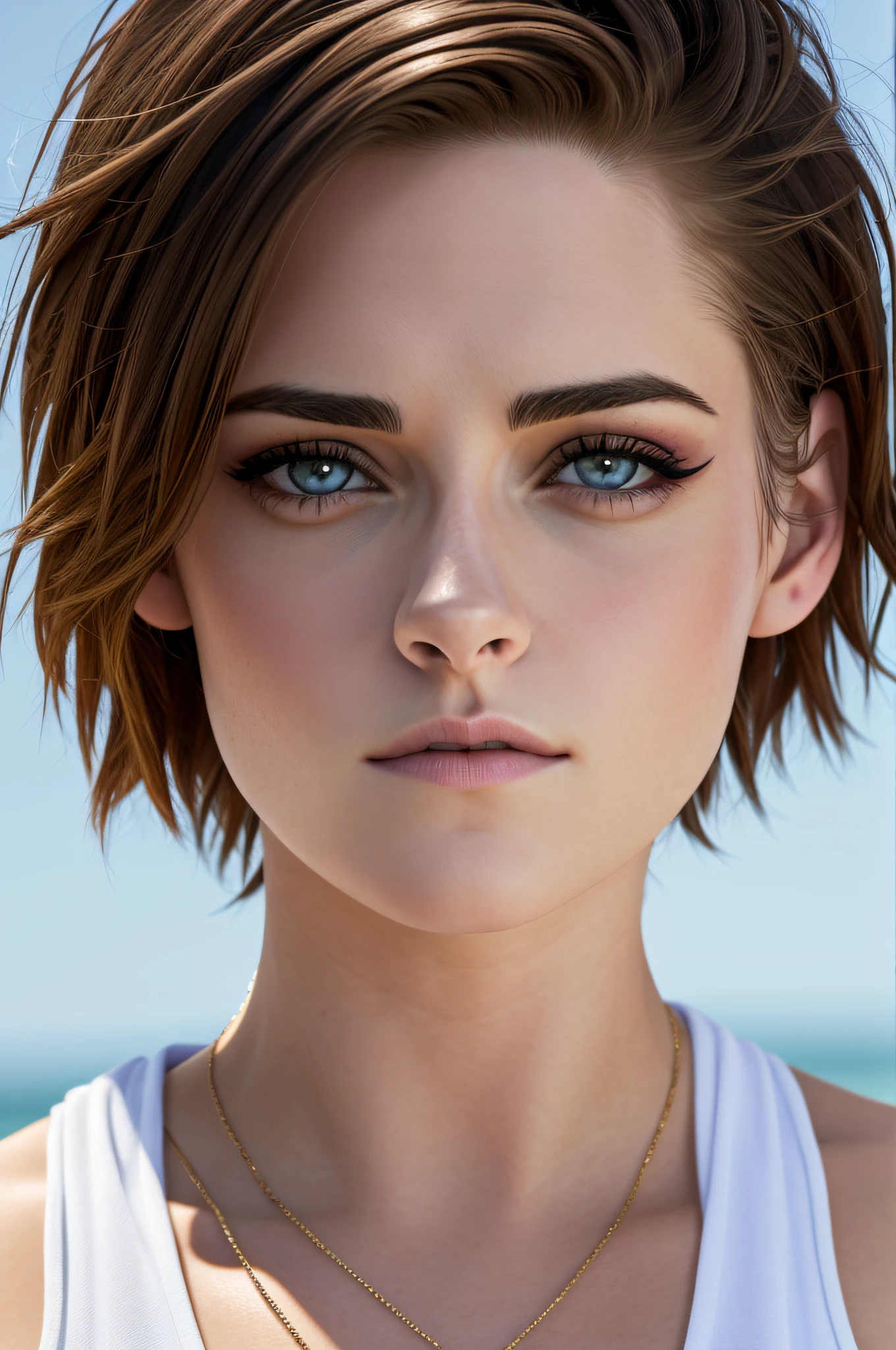 8k, 1.2, pechos grandes, cara extremadamente detallados, hermosos ojos ultra 4k detallados, Kristen Stewart, high resolution, ultrasharp face and eyes, 8k, short hair, detailed eyes, sunny day, full body, simple background, grey background
