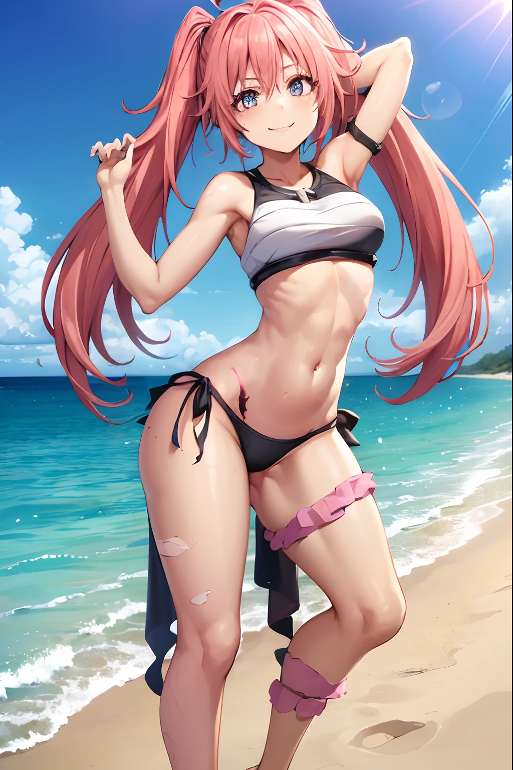 ((female)), (very messy hair), (sorriso feliz), Presas, ((abdominais rasgados)), Toned arms and legs, middle boobs, Suor excessiva, (Summer beach scenery), brincando com bola de praia, olhos azuis, barefoot, standing on her feet, foto de corpo inteiro