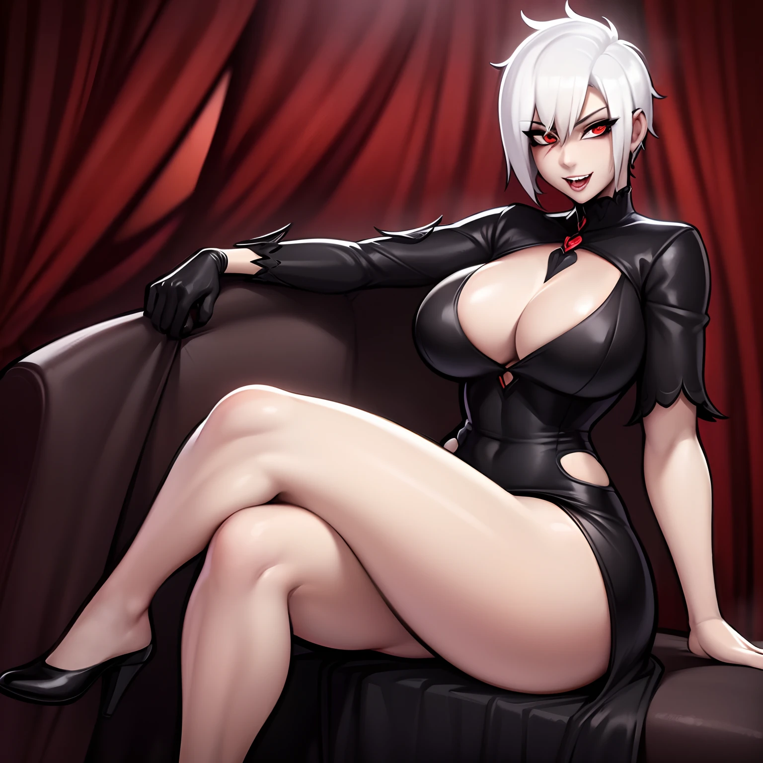 (((Solo))) Vampire girl with short white hair, (red eyes), ((wearing a black dress)), wearing gloves, Anime style 4K, large chest, curvy hips, long legs, detailed eyes, ((sitting)), on a throne