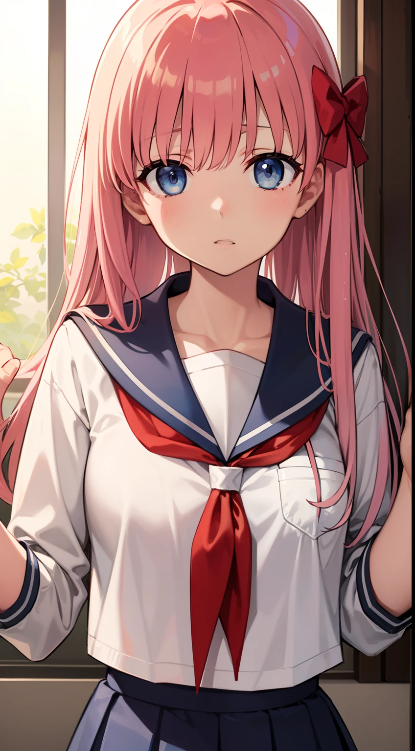 nodokaharamura, Haramura Notoka, Blue eyes, Hair accessories hair bye, Long hair, Pink hair, bow,
Break the blue skirt, Kiyosumi school uniform, Pleated skirt, school uniform, serafuku, Skirt,
BREAK looking at viewer,
Break indoors, Classroom,
Break (Masterpiece:1.2), Best quality, high resolution, Unity 8k wallpaper, (illustration:0.8), (Beautiful detailed eyes:1.6), Extremely detailed face, Perfect lighting, Extremely detailed CG, (Perfect hands, Perfect ),