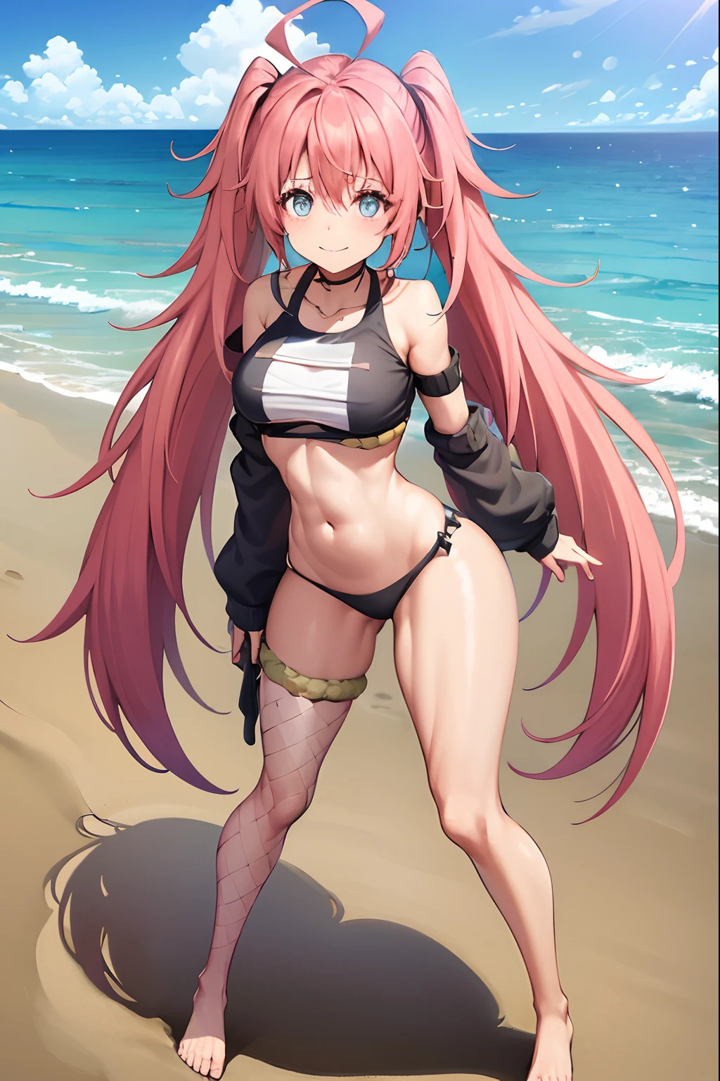 ((female)), (very messy hair), (sorriso feliz), Presas, ((abdominais rasgados)), Toned arms and legs, middle boobs, Suor excessiva, (Summer beach scenery), brincando com bola de praia, olhos azuis, barefoot, standing on her feet, foto de corpo inteiro