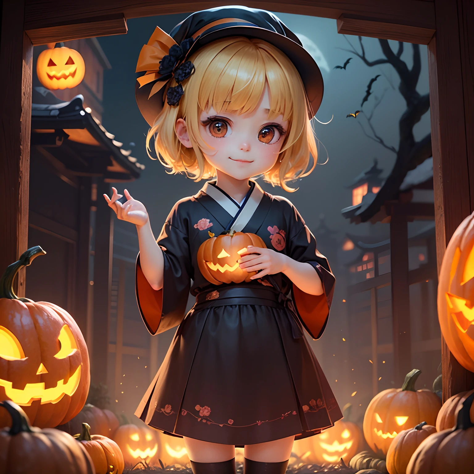masterpiece、top-quality、ultra-detailliert、(Chibi Chara's Daughter:1.3)、(カボチャのブローチ🎃をモチーフにした暗い着物:1.3),(カボチャのブローチをモチーフ🎃にした日本の髪飾り:1.2)、カボチャモチーフ🎃のハンドバッグ、Standing、A smile、Autumn Japan Garden、Halloween version、Chibi Chara