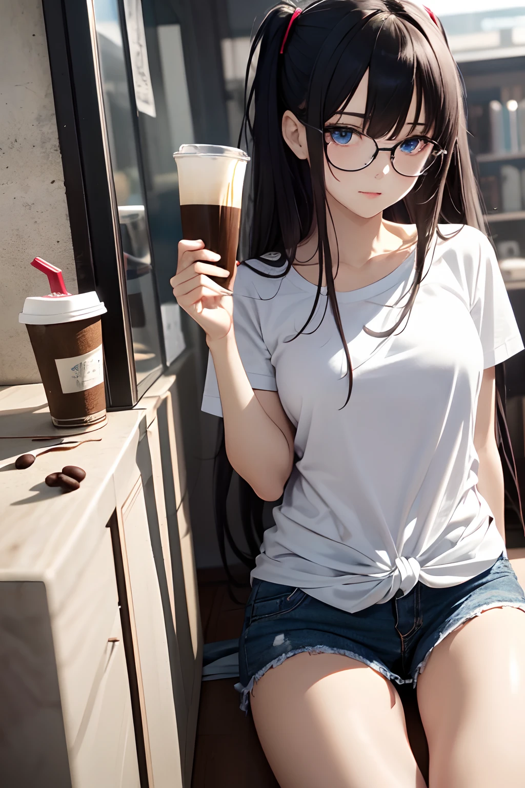 A dark-haired、Drink coffee in your room、morning、white t-shirts、dishevled hair、slovenly、Cross-eyed、Drunk、Turned、( Silly / Sexual ecstasy)、Turned、eye glass、top-quality, Photorealistic, An ultra-fine illustrations, beautiful attractive anime girl, miku hatsune, Slender body, Tied hair, one girls, a photo of girl, Full body shot, Beautiful blue eyes, Turned,